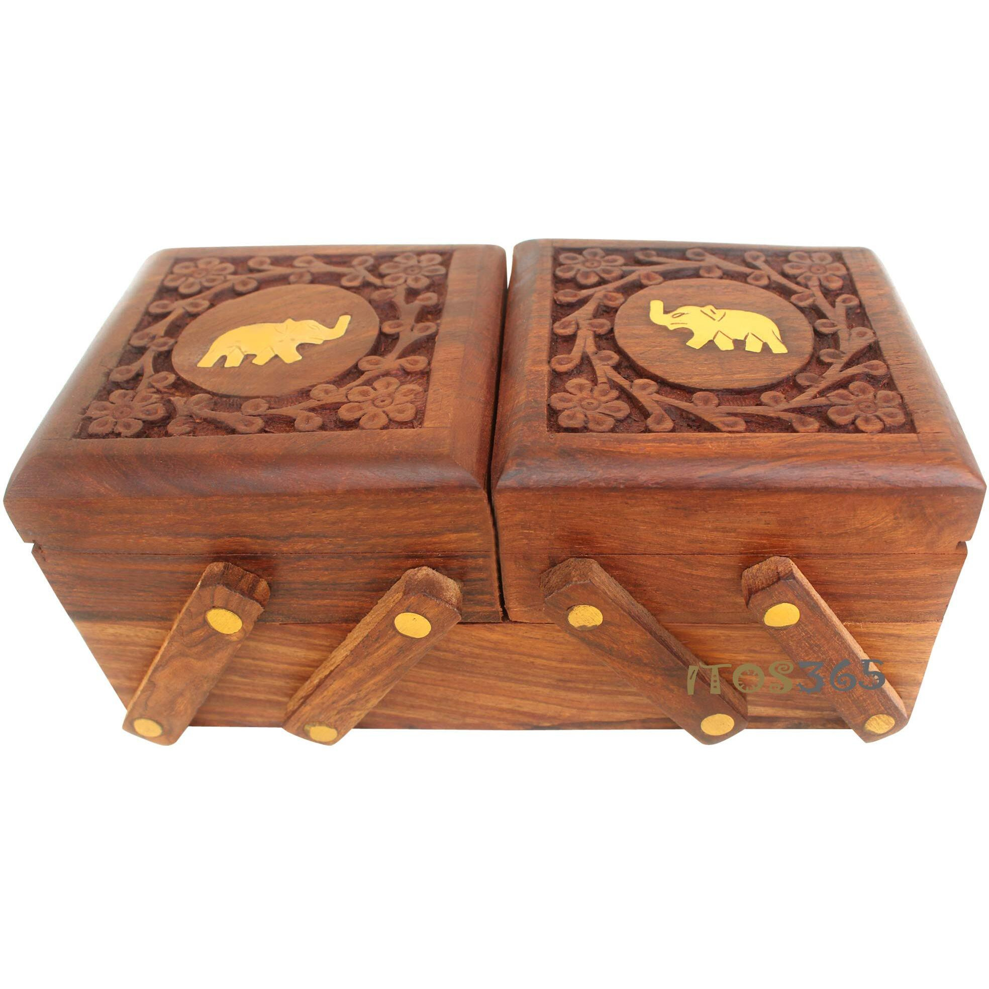 ITOS365 Handmade Wooden Jewellery Box for Women Jewel Organizer Hand Carved Carvings Elephant Charm Gift Items