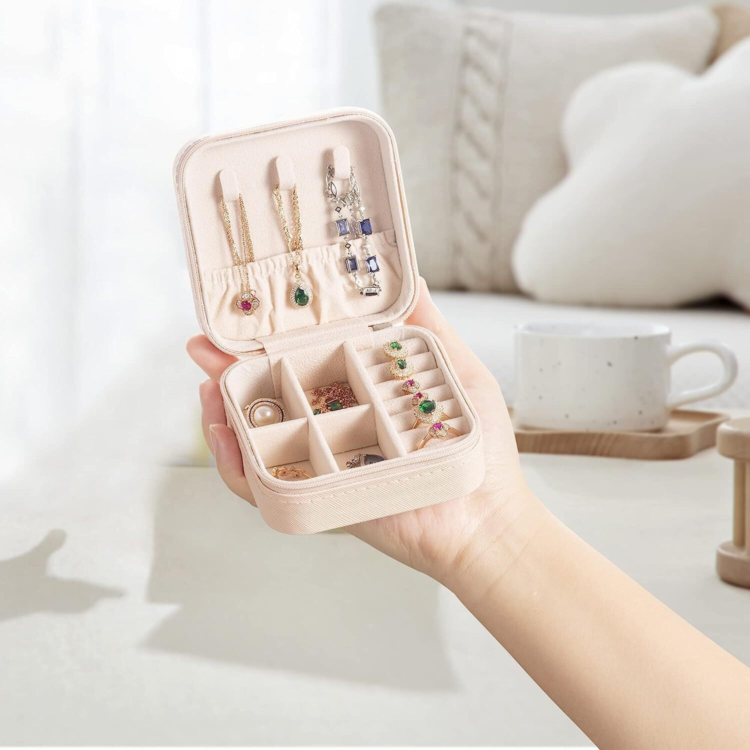 Awestuffs Jewellery Travel Case, Small Jewelry Box, Traveling Jewelry Organizer, PU Leather Storage Box, Portable Jewellery Storage Holder (Pink)