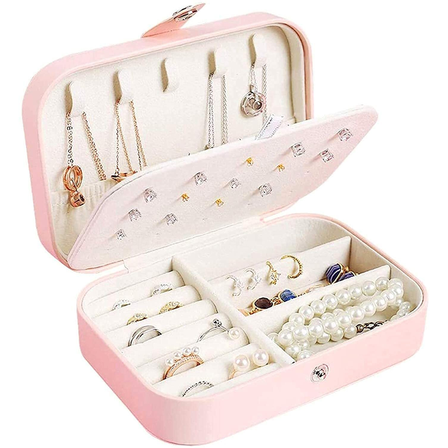 HSR Travel Jewelry Box, PU Leather Small Jewelry Organizer for Women Girls, Double Layer Portable Mini Travel Case Display Storage Holder Boxes for Stud Earrings, Rings, Bracelets, Necklaces, (Pink)
