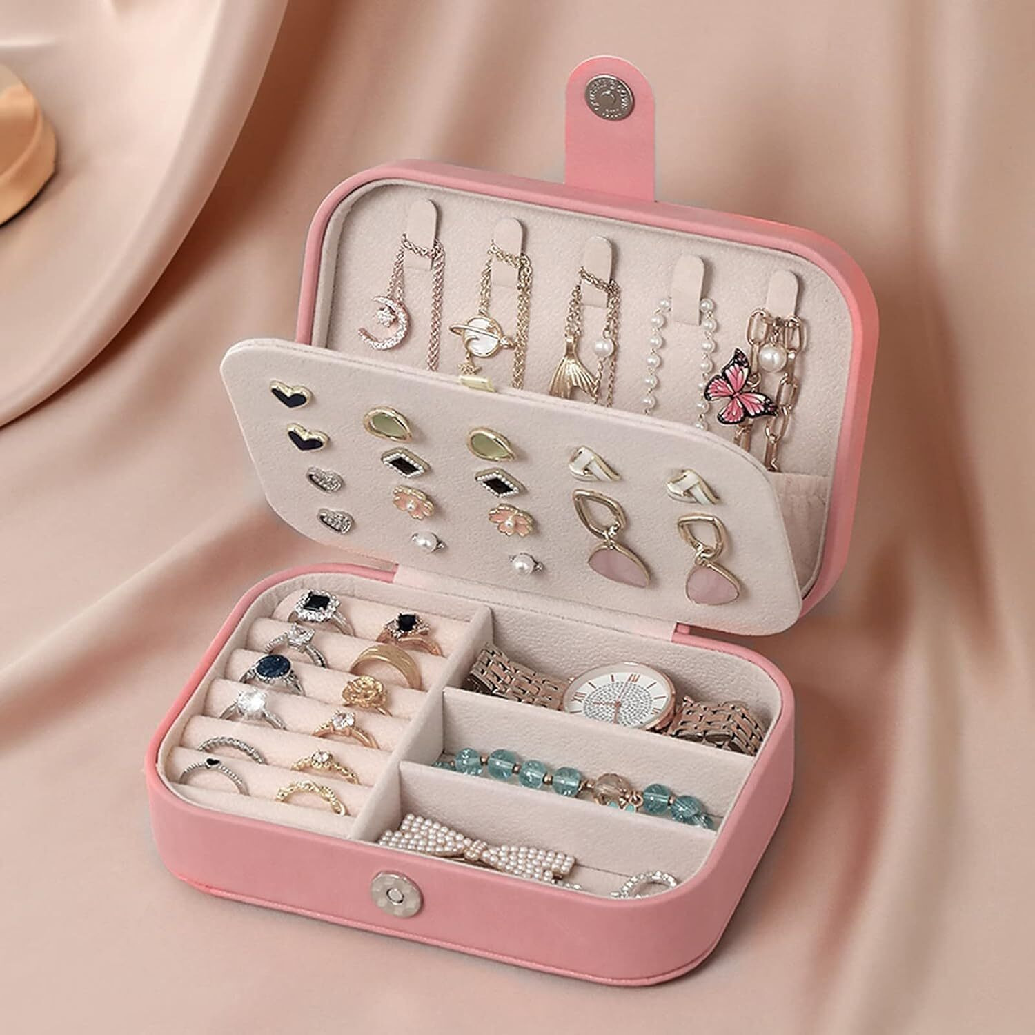 HSR Travel Jewelry Box, PU Leather Small Jewelry Organizer for Women Girls, Double Layer Portable Mini Travel Case Display Storage Holder Boxes for Stud Earrings, Rings, Bracelets, Necklaces, (Pink)