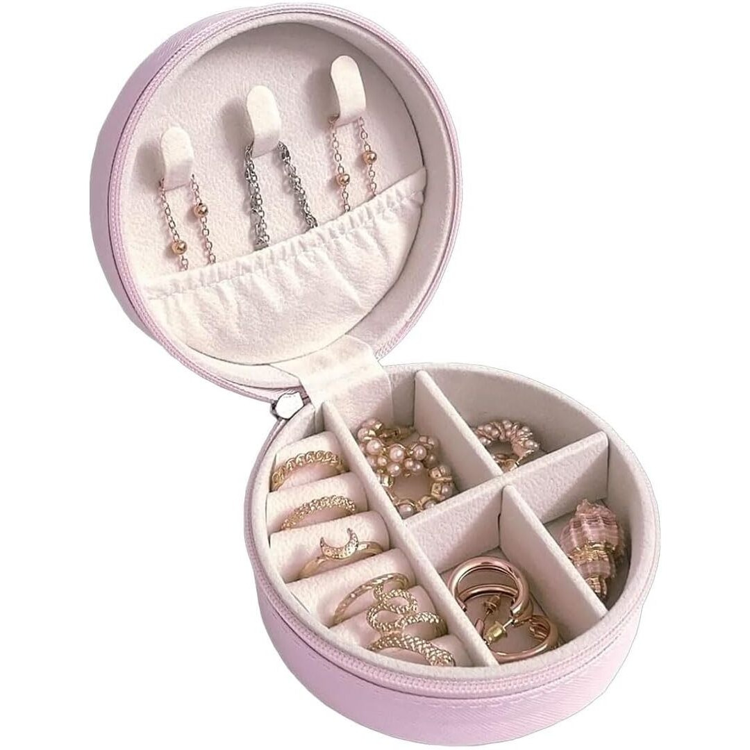 Awestuffs Jewellery Travel Case, Small Jewelry Box, Traveling Jewelry Organizer, PU Leather Storage Box, Portable Jewellery Storage Holder (Pink Round)