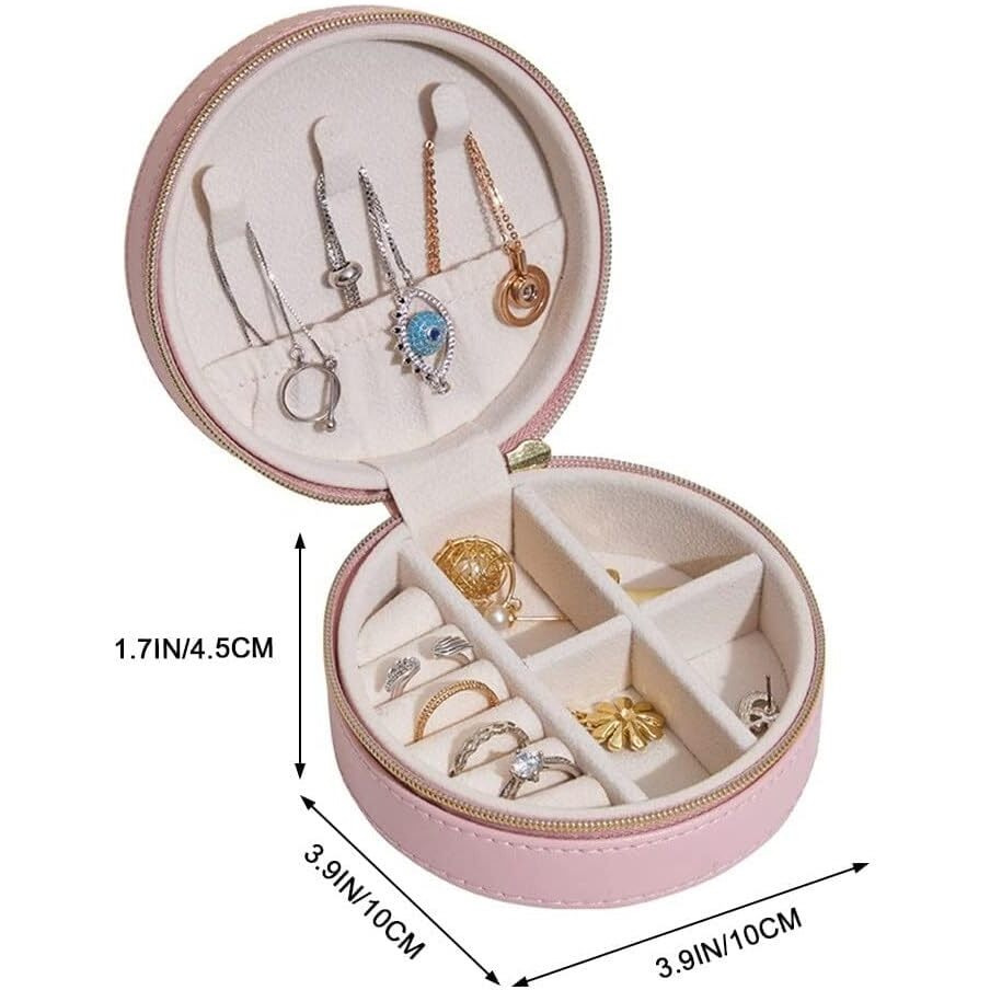 Awestuffs Jewellery Travel Case, Small Jewelry Box, Traveling Jewelry Organizer, PU Leather Storage Box, Portable Jewellery Storage Holder (Pink Round)