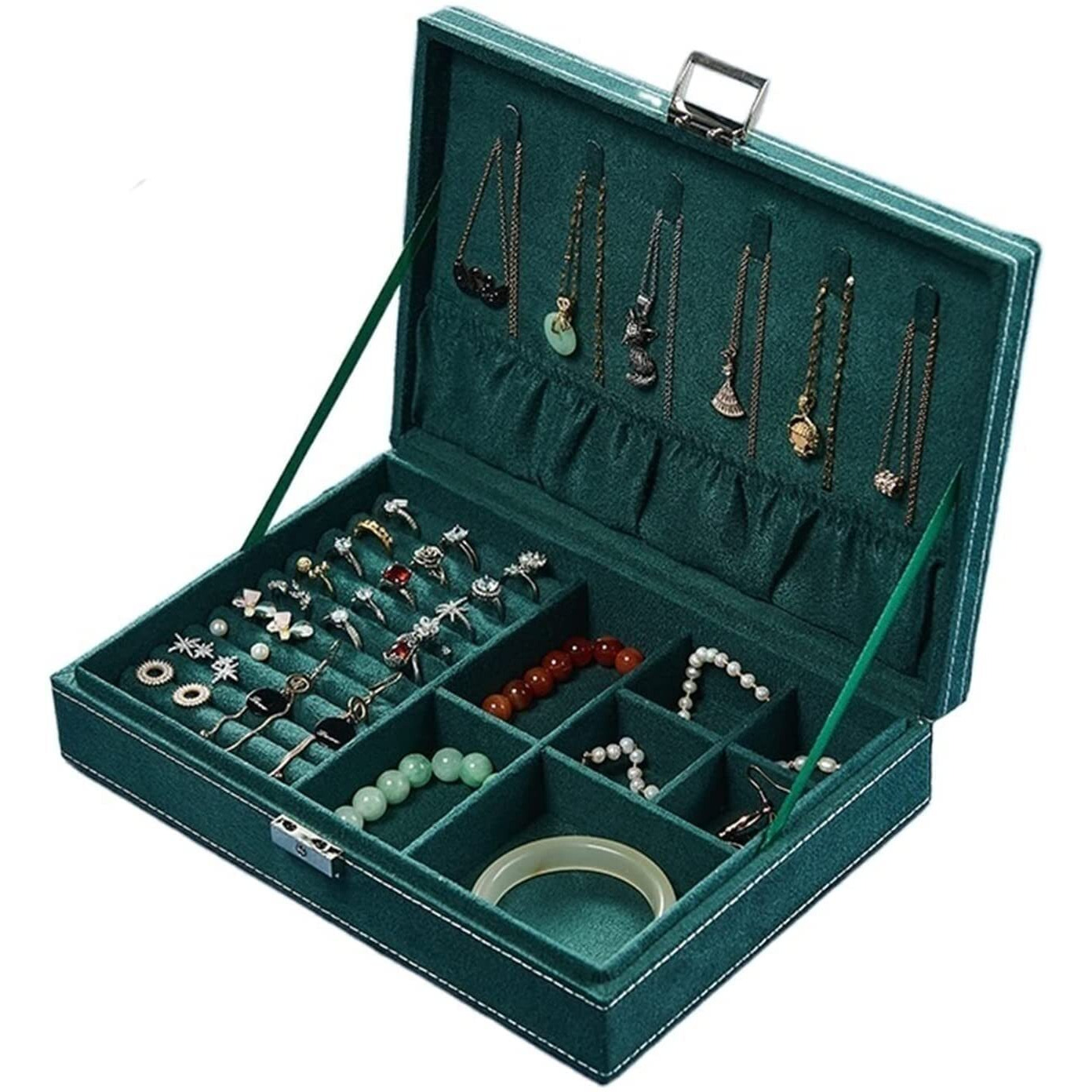 KRISHYAM Jewelry Box Organizer - Green Velvet Jewelry Box for Women Girls | Vintage Jewelry Holder Display Storage Case with Lock for Earrings, Bracelets, Rings, Necklace, Watches