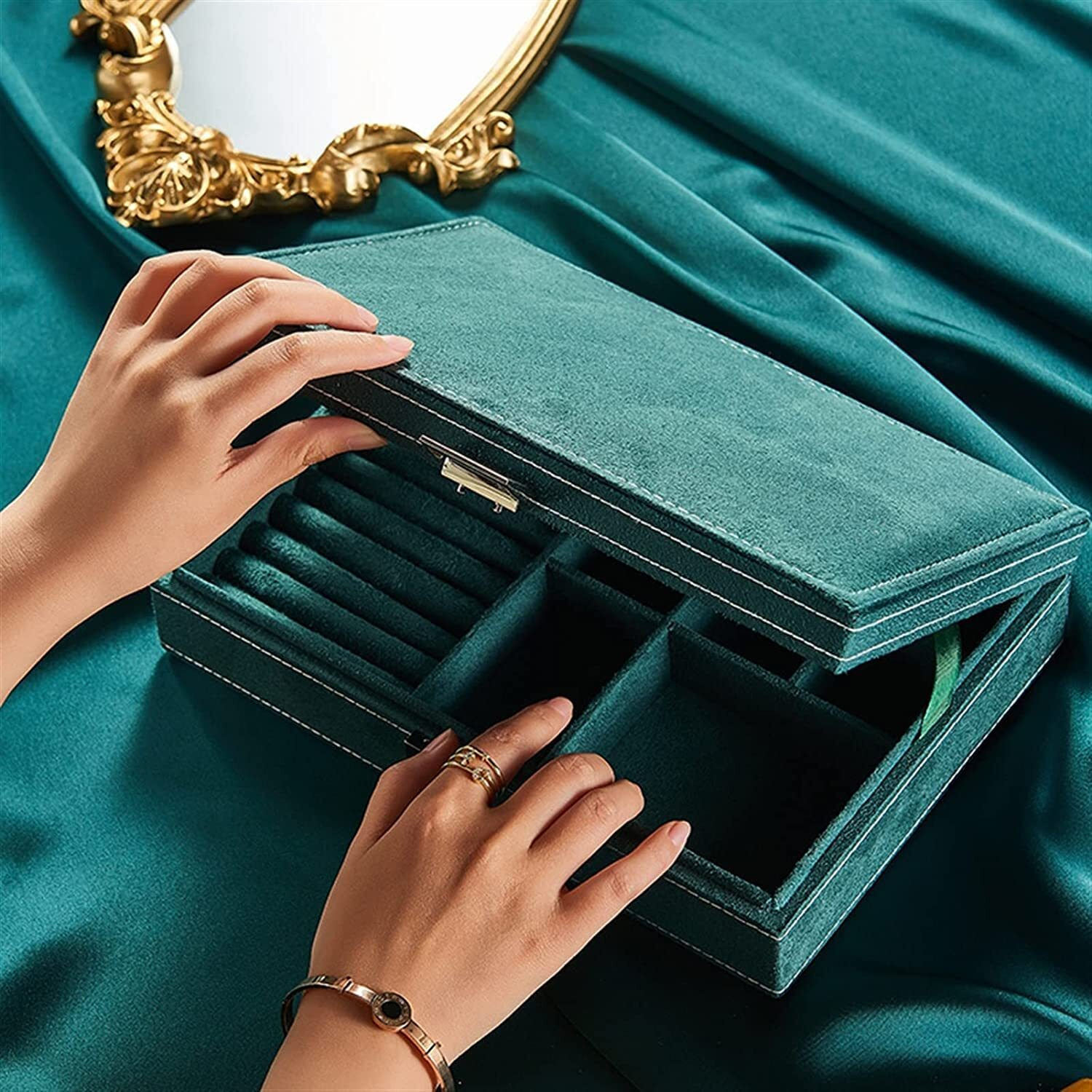 KRISHYAM Jewelry Box Organizer - Green Velvet Jewelry Box for Women Girls | Vintage Jewelry Holder Display Storage Case with Lock for Earrings, Bracelets, Rings, Necklace, Watches