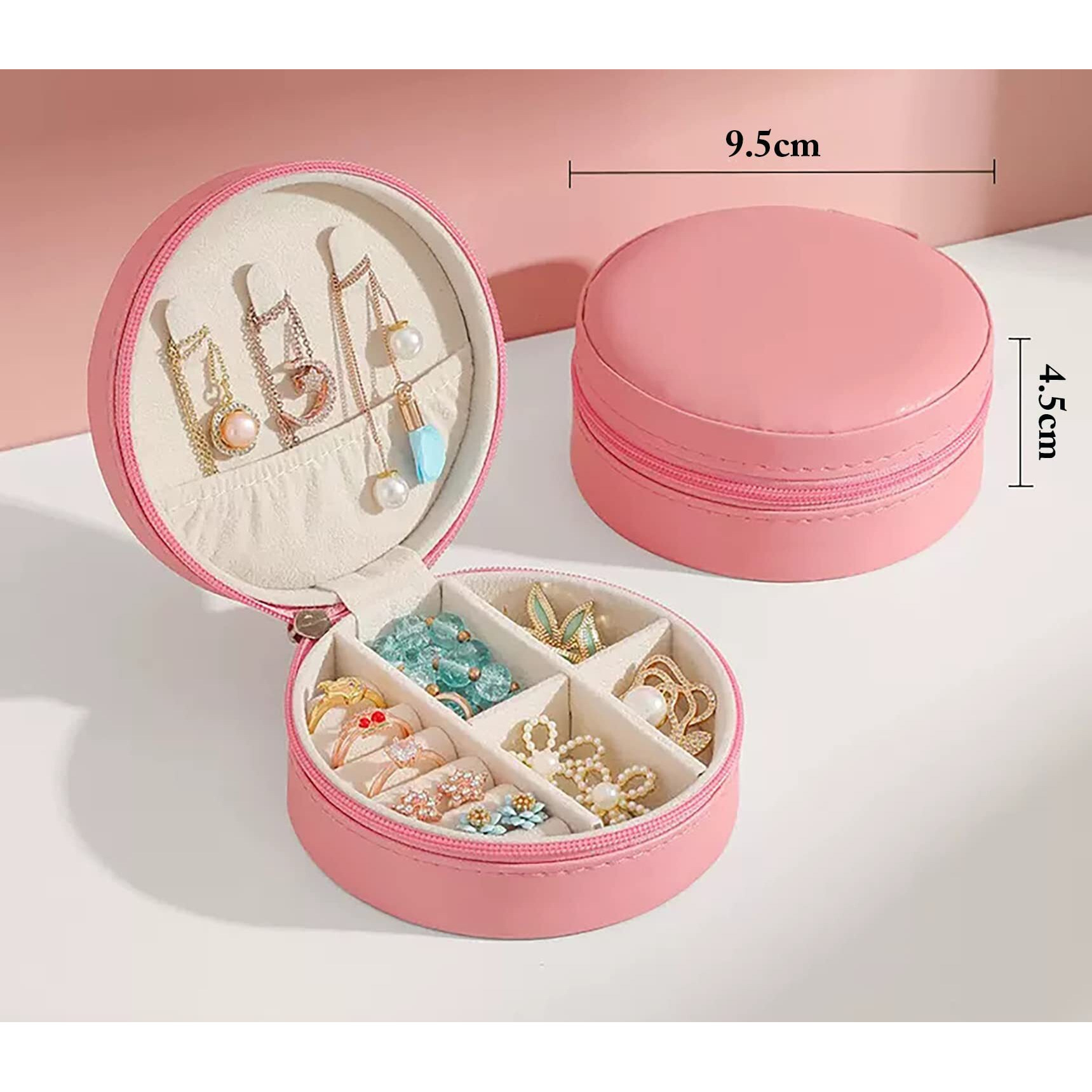 House of Quirk Travel Jewelry Box, Mini Portable Organizer with Zipper, Faux PU Leather Small Storage Boxes for Rings, Earrings, Necklaces, Bracelets, Gift for Women Girls (Round, Pink)