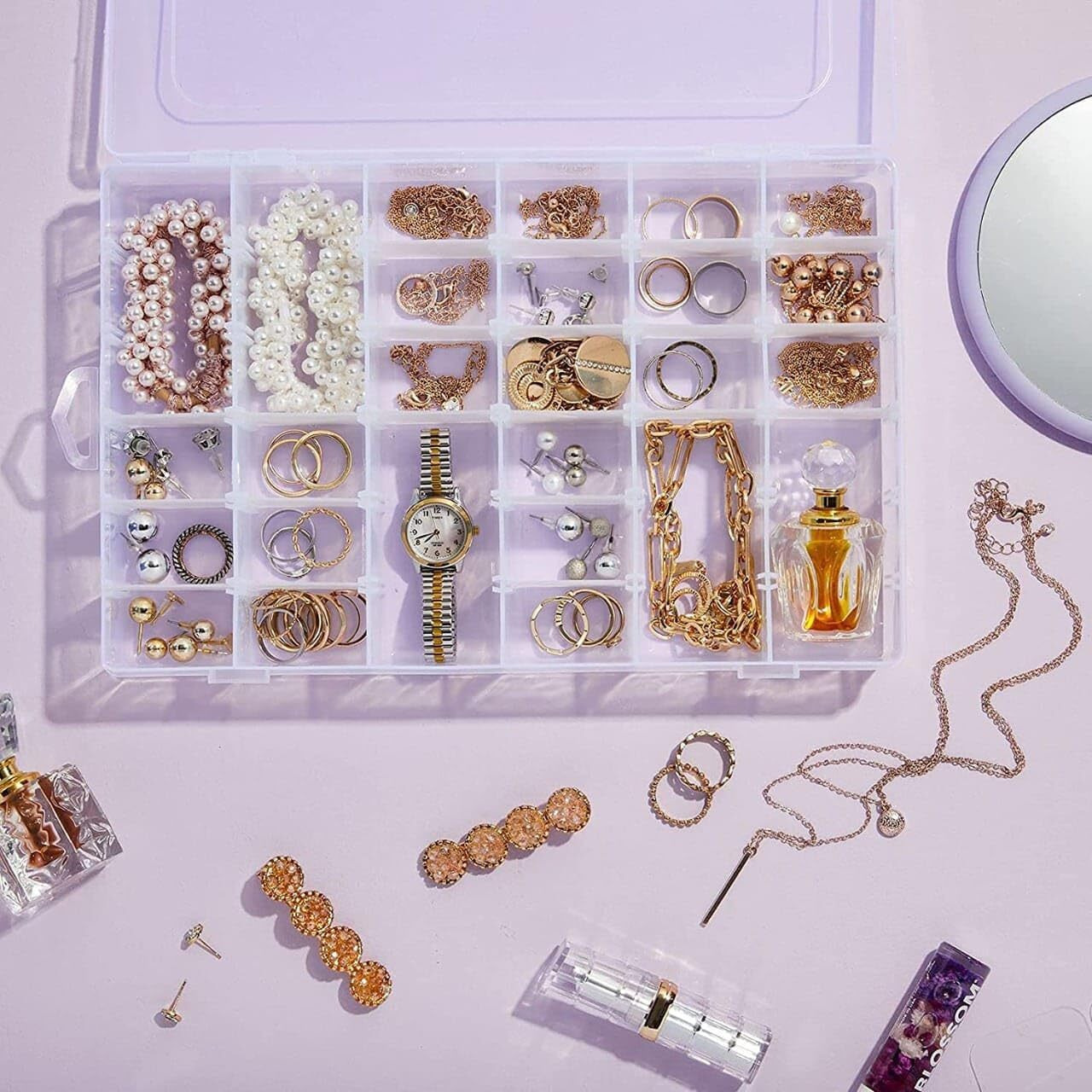 LEAWALL Plastic 36 Grid Cells Multicolorpurpose Jewelry Organizer Rectangular Storage Box, with Adjustable Dividers, Transparent Storage Organizer Box for Jewelry Beads Earring
