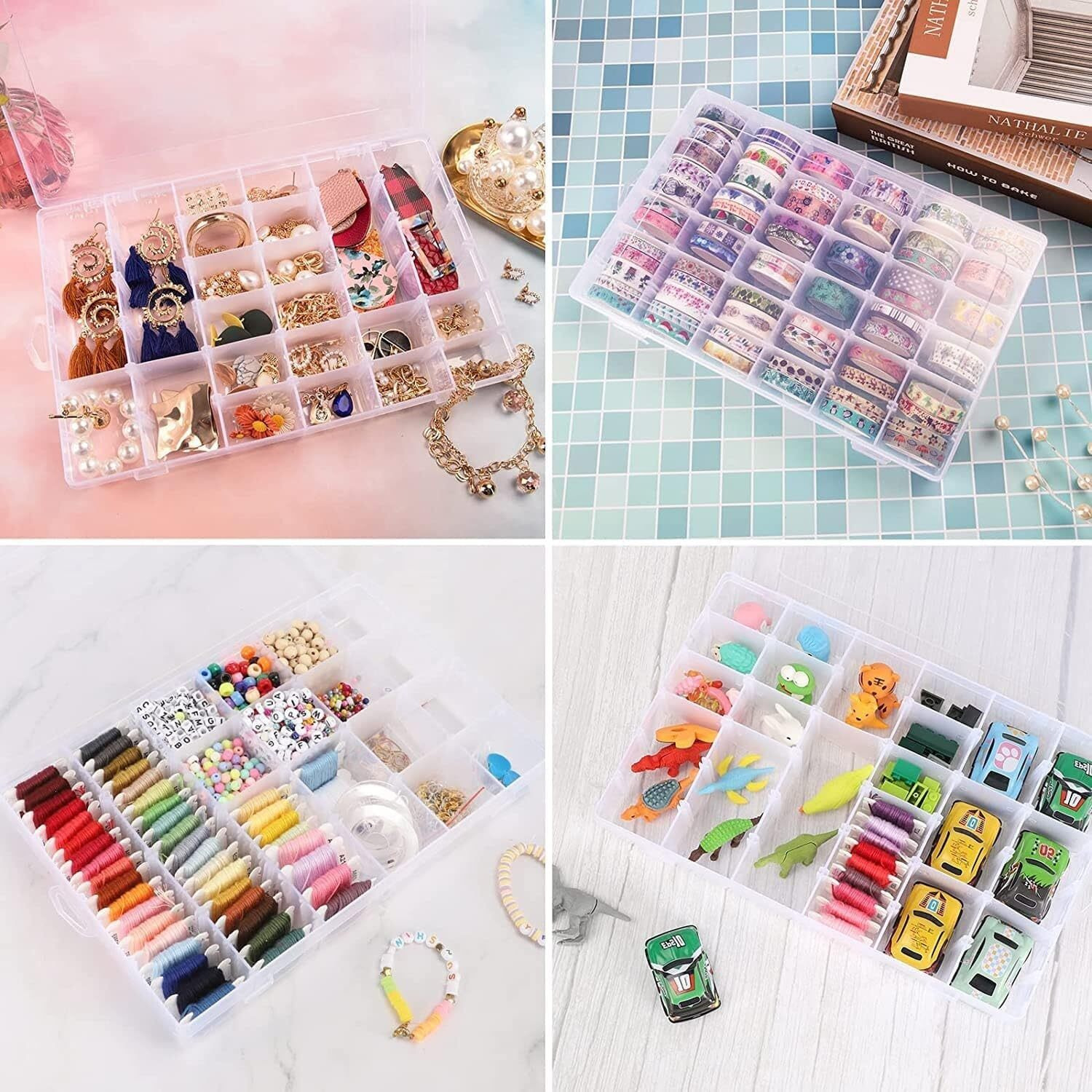 LEAWALL Plastic 36 Grid Cells Multicolorpurpose Jewelry Organizer Rectangular Storage Box, with Adjustable Dividers, Transparent Storage Organizer Box for Jewelry Beads Earring