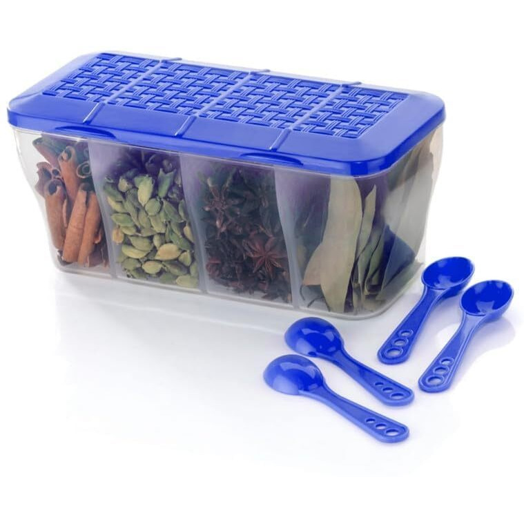 LEAWALL Multipurpose Plastic 4 in 1 Masala Box for Kitchen, Spice Boxes for Kitchen,4 Compartment Storage Containers Grocery,Cereal,Dry Fruits Dabba 1800 Ml with 4 Spoons (2 Pcs Blue)