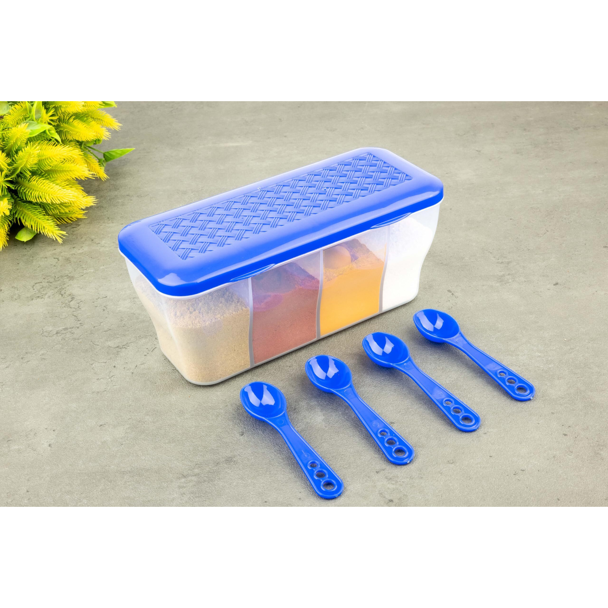 LEAWALL Multipurpose Plastic 4 in 1 Masala Box for Kitchen, Spice Boxes for Kitchen,4 Compartment Storage Containers Grocery,Cereal,Dry Fruits Dabba 1800 Ml with 4 Spoons (2 Pcs Blue)