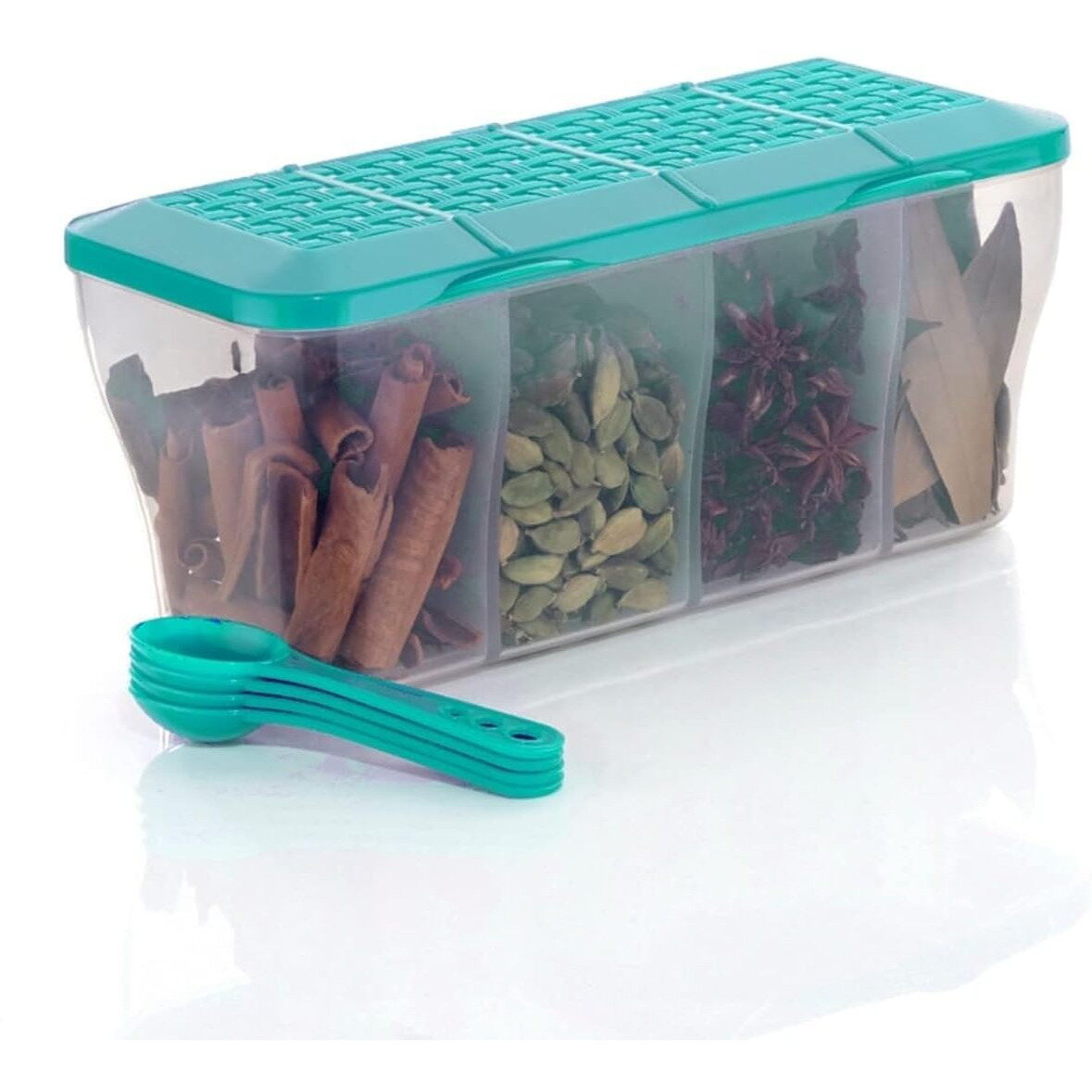 LEAWALL Multipurpose Plastic 4 in 1 Masala Box for Kitchen, Spice Boxes for Kitchen,4 Compartment Storage Containers Grocery,Cereal,Dry Fruits Dabba 1800 Ml with 4 Spoons(2 Pc Skyblue)