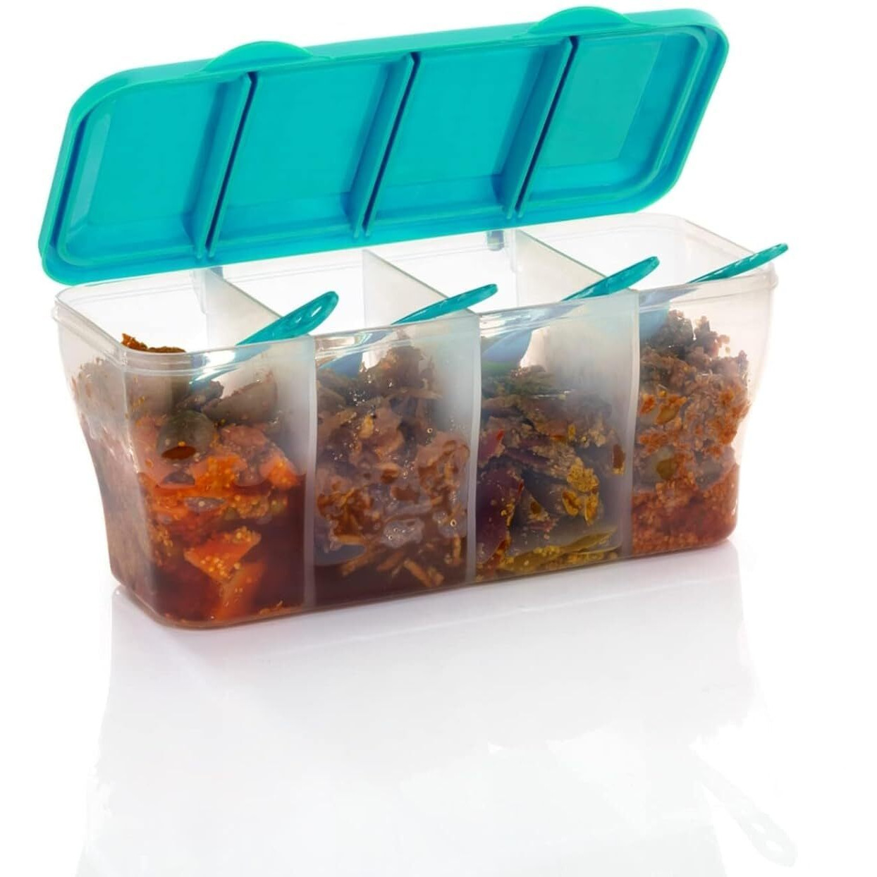 LEAWALL Multipurpose Plastic 4 in 1 Masala Box for Kitchen, Spice Boxes for Kitchen,4 Compartment Storage Containers Grocery,Cereal,Dry Fruits Dabba 1800 Ml with 4 Spoons(2 Pc Skyblue)