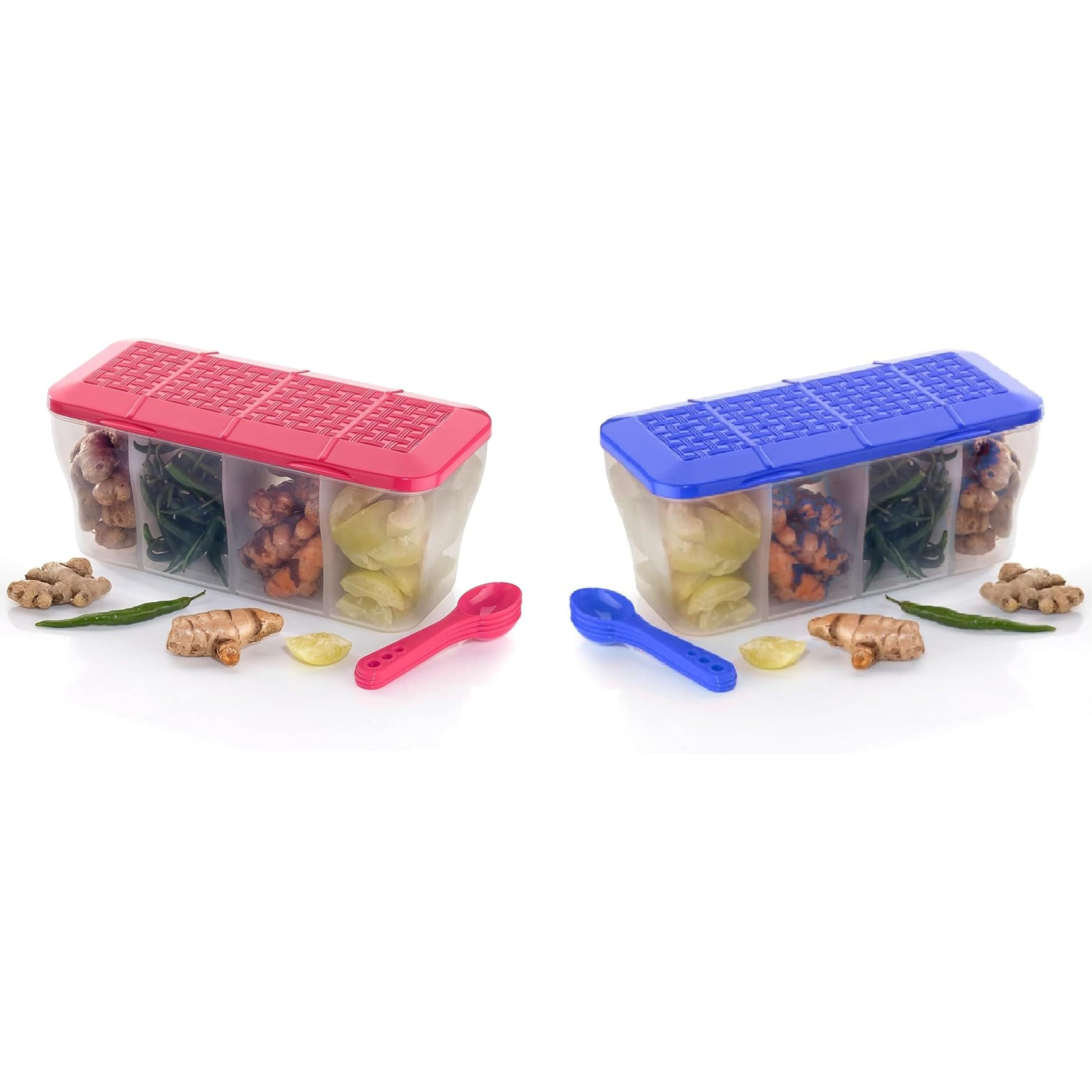 LEAWALL Multipurpose Plastic 4 in 1 Masala Box for Kitchen, Spice Boxes for Kitchen,4 Compartment Storage Containers Grocery,Cereal,Dry Fruits Dabba 1800 Ml with 4 Spoons (1 Pc Blue & 1Pc Pink)