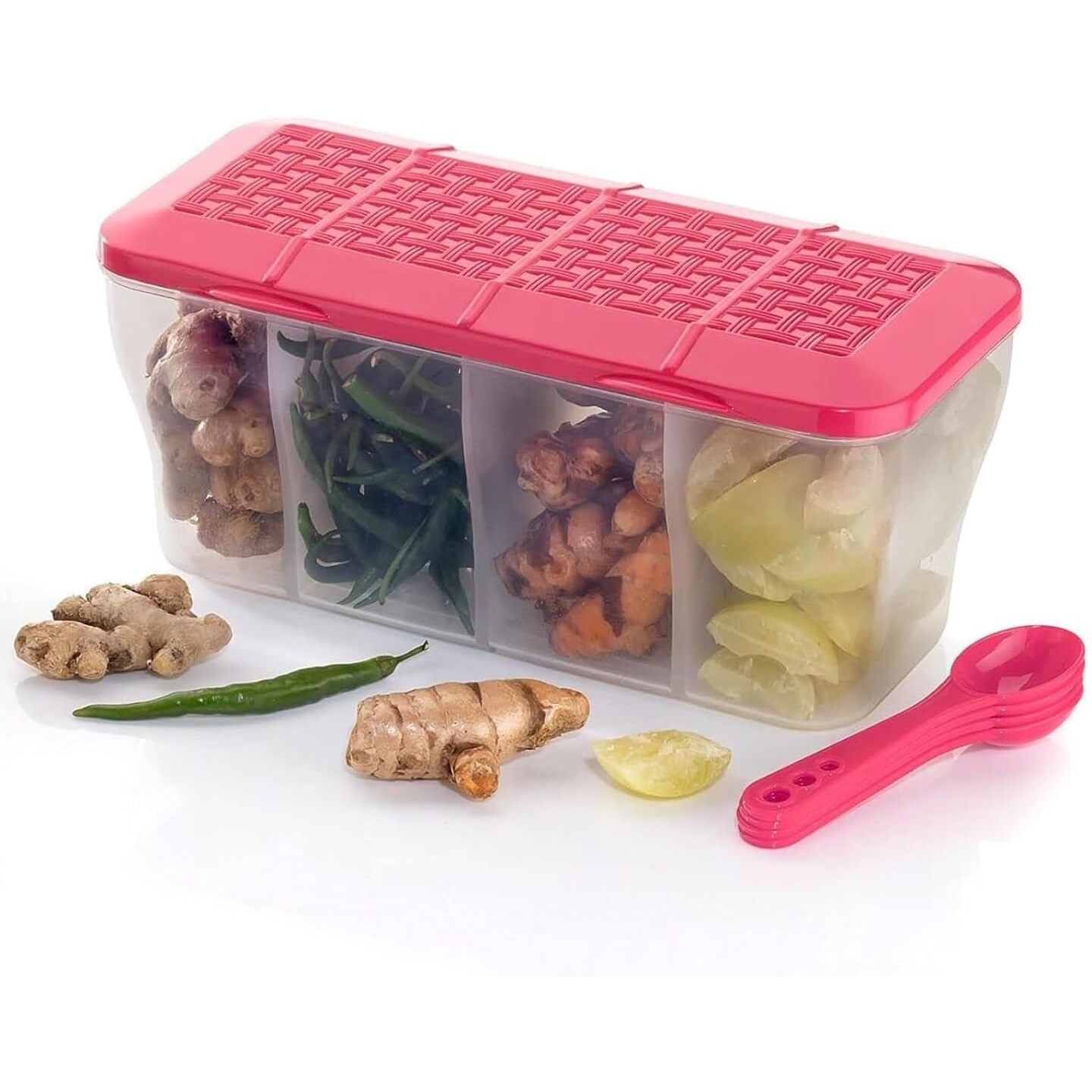 LEAWALL Multipurpose Plastic 4 in 1 Masala Box for Kitchen, Spice Boxes for Kitchen,4 Compartment Storage Containers Grocery,Cereal,Dry Fruits Dabba 1800 Ml with 4 Spoons (1 Pc Blue & 1Pc Pink)