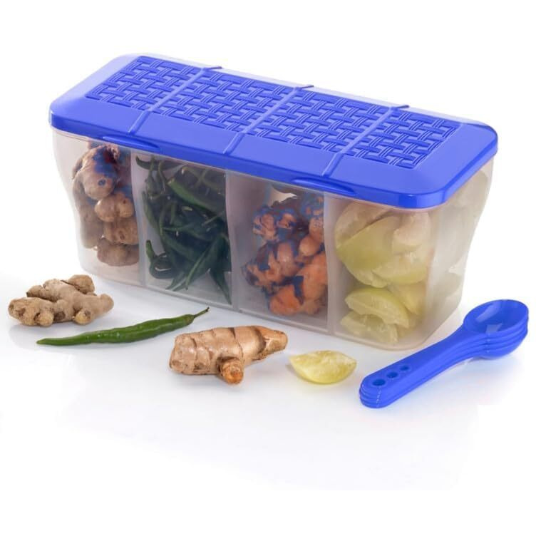 LEAWALL Multipurpose Plastic 4 in 1 Masala Box for Kitchen, Spice Boxes for Kitchen,4 Compartment Storage Containers Grocery,Cereal,Dry Fruits Dabba 1800 Ml with 4 Spoons (1 Pc Blue & 1Pc Pink)