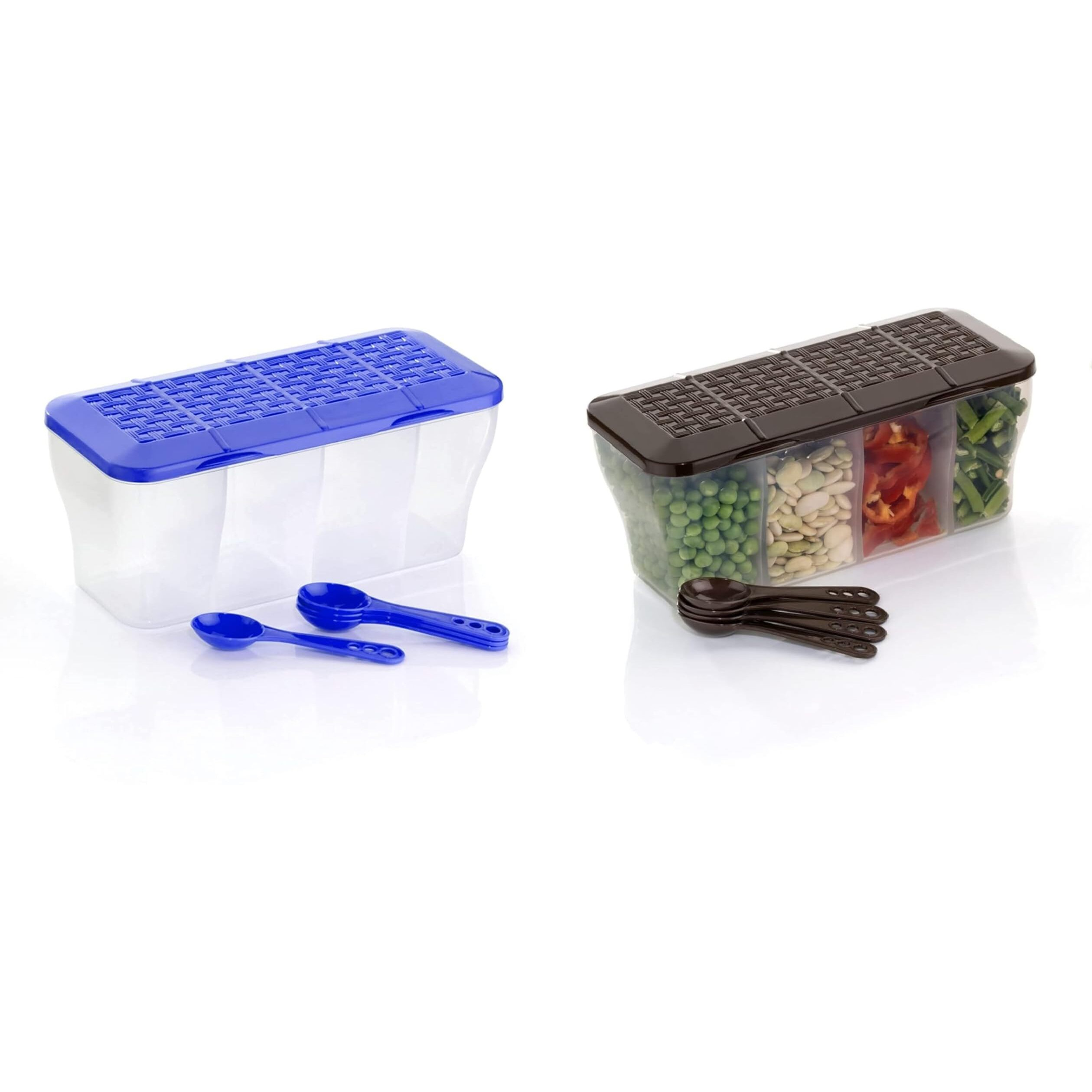 LEAWALL Multipurpose Plastic 4 in 1 Masala Box for Kitchen, Spice Boxes for Kitchen,4 Compartment Storage Containers Grocery,Cereal,Dry Fruits Dabba 1800 Ml with 4 Spoons (1 Pc Blue & 1 Pc Brown)