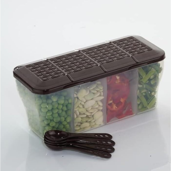 LEAWALL Multipurpose Plastic 4 in 1 Masala Box for Kitchen, Spice Boxes for Kitchen,4 Compartment Storage Containers Grocery,Cereal,Dry Fruits Dabba 1800 Ml with 4 Spoons (1 Pc Blue & 1 Pc Brown)