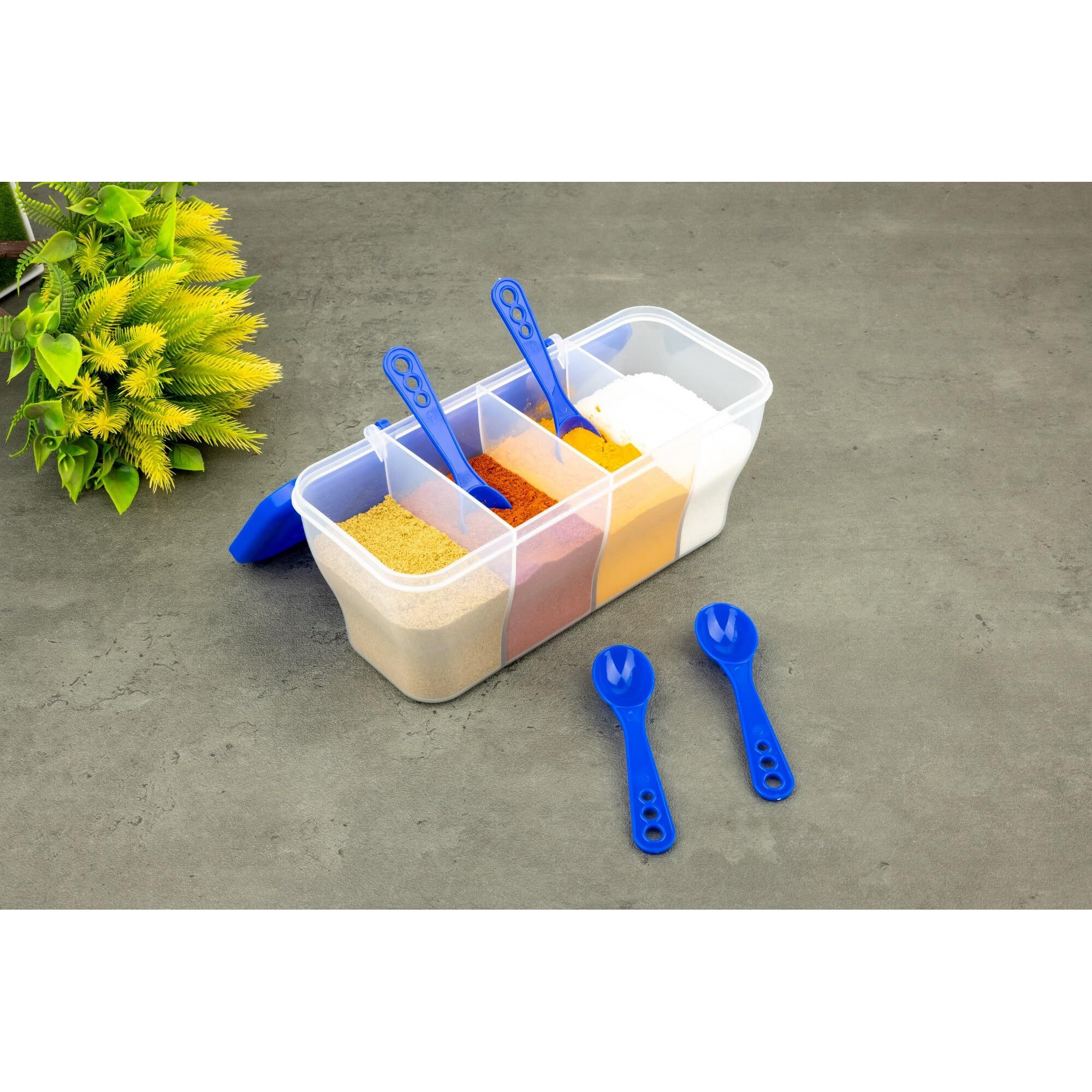 LEAWALL Multipurpose Plastic 4 in 1 Masala Box for Kitchen, Spice Boxes for Kitchen,4 Compartment Storage Containers Grocery,Cereal,Dry Fruits Dabba 1800 Ml with 4 Spoons (1 Pc Blue & 1 Pc Brown)