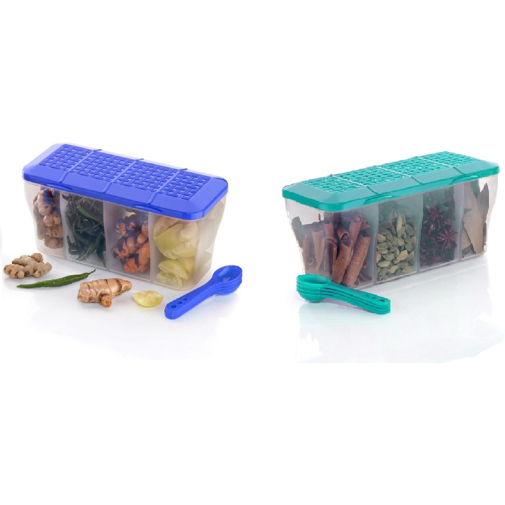 LEAWALL Multipurpose Plastic 4 in 1 Masala Box for Kitchen, Spice Boxes for Kitchen,4 Compartment Storage Containers Grocery,Cereal,Dry Fruits Dabba 1800 Ml with 4 Spoons (1Pc Sky Blue &1 Pc Blue)