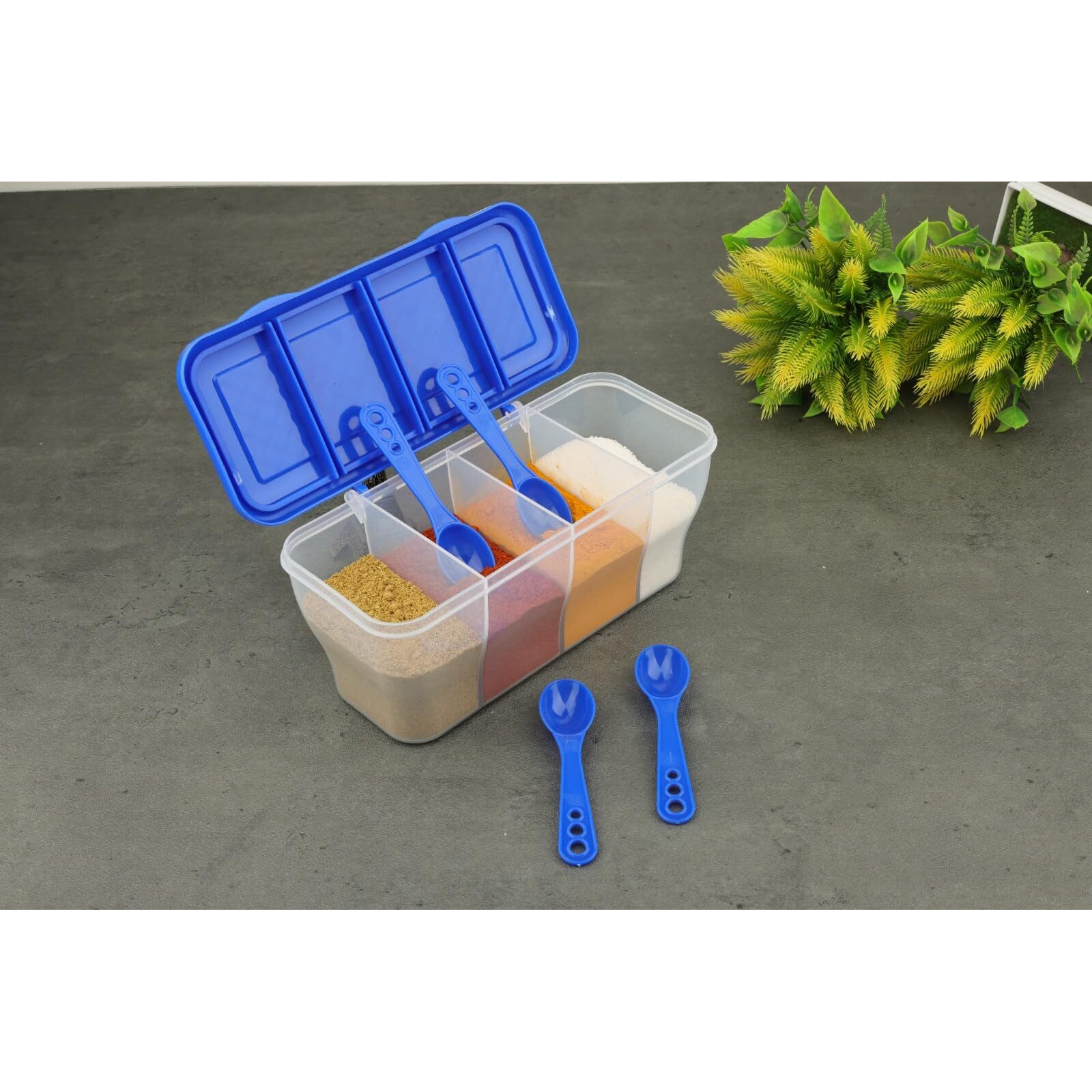 LEAWALL Multipurpose Plastic 4 in 1 Masala Box for Kitchen, Spice Boxes for Kitchen,4 Compartment Storage Containers Grocery,Cereal,Dry Fruits Dabba 1800 Ml with 4 Spoons (1Pc Sky Blue &1 Pc Blue)