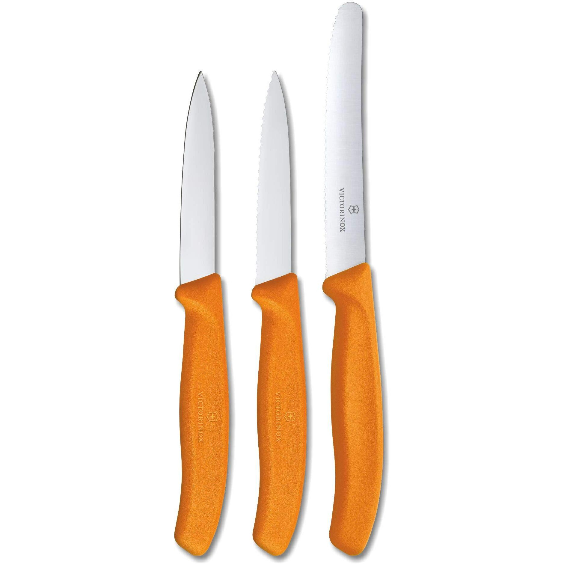 Victorinox Stainless Steel Kitchen Knife Set of 3, Swiss Classic - 11 cm Serrated Edge, 8 cm Straight Edge and 8 cm Serrated Edge Knives for Professional and Household Kitchen, Orange, Swiss Made