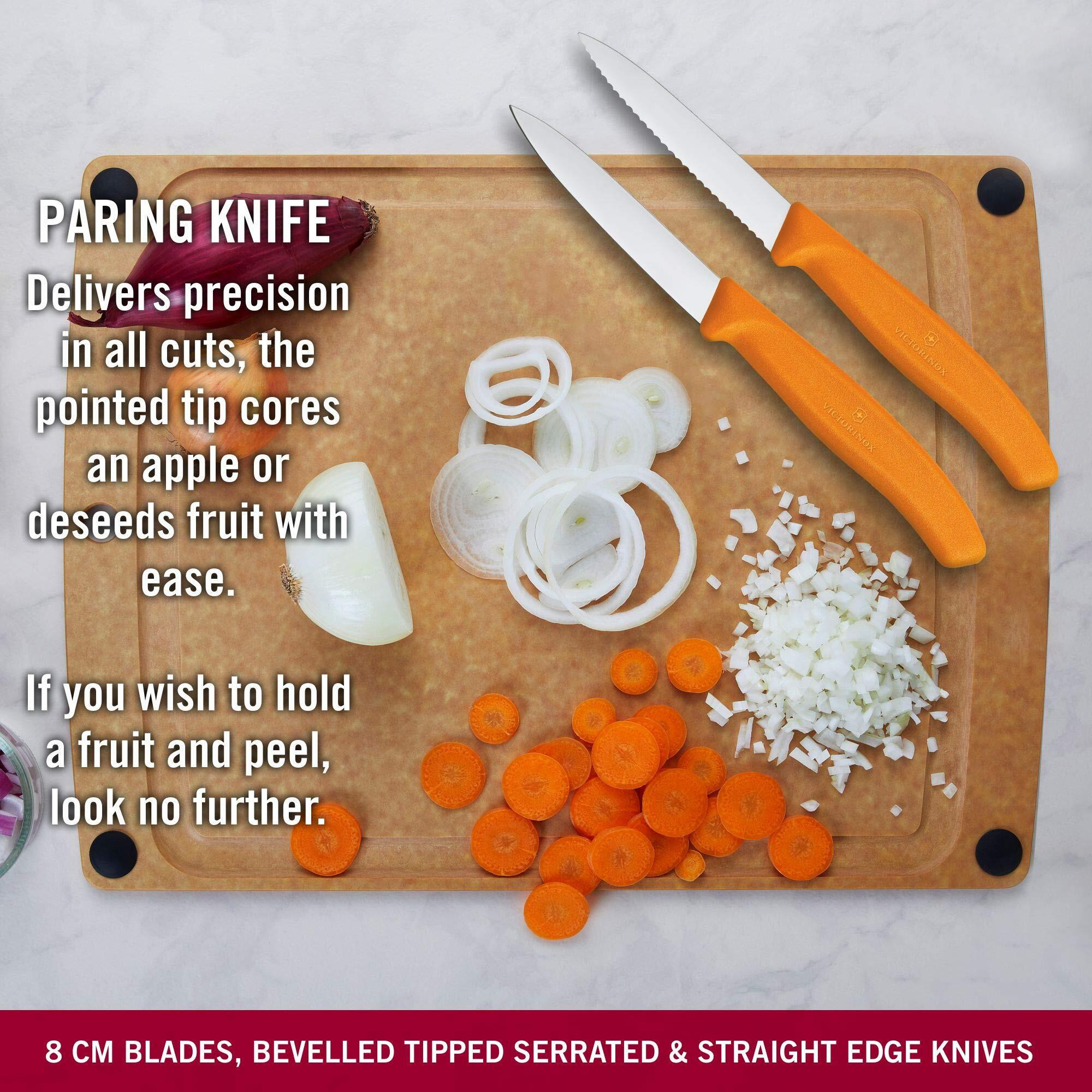 Victorinox Stainless Steel Kitchen Knife Set of 3, Swiss Classic - 11 cm Serrated Edge, 8 cm Straight Edge and 8 cm Serrated Edge Knives for Professional and Household Kitchen, Orange, Swiss Made