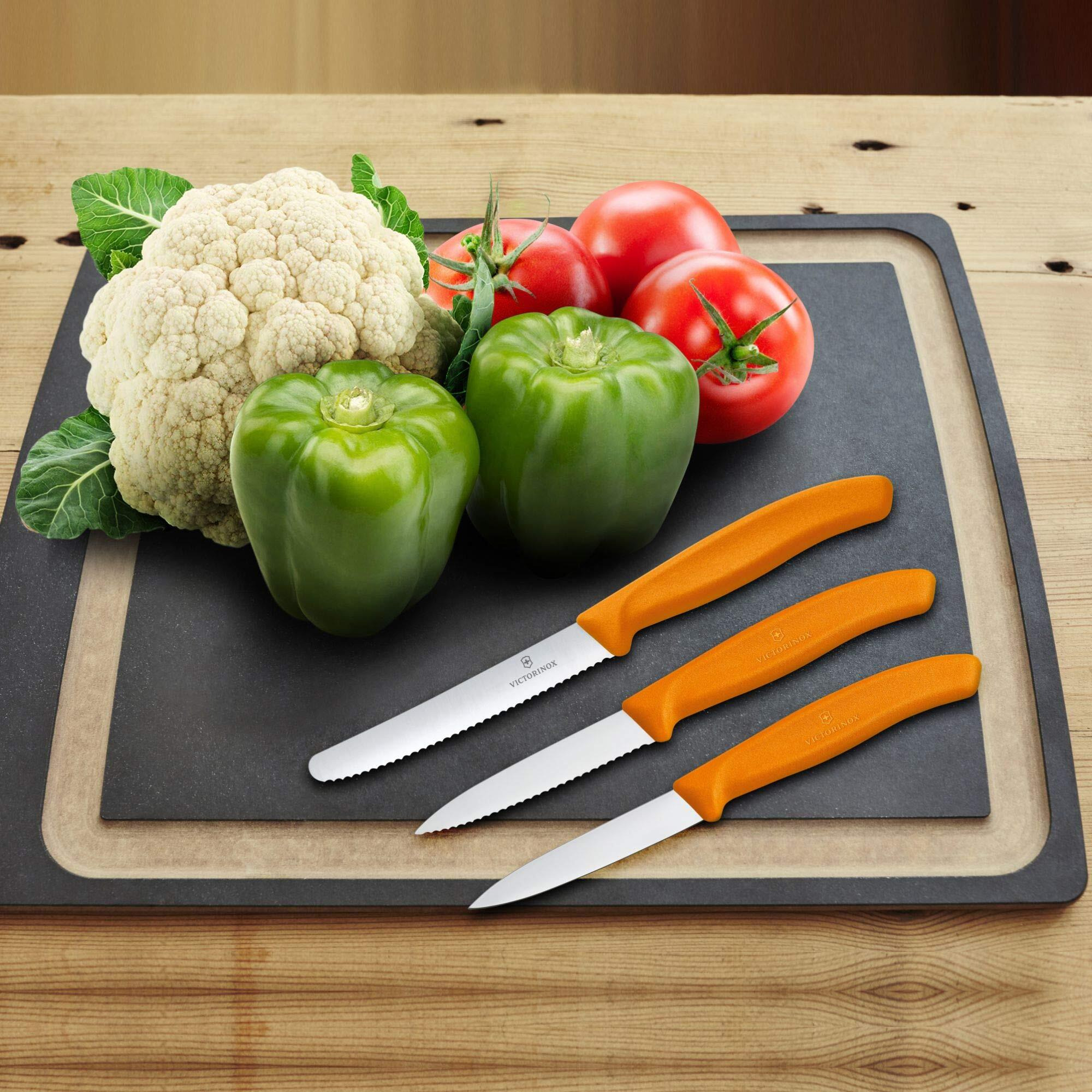 Victorinox Stainless Steel Kitchen Knife Set of 3, Swiss Classic - 11 cm Serrated Edge, 8 cm Straight Edge and 8 cm Serrated Edge Knives for Professional and Household Kitchen, Orange, Swiss Made