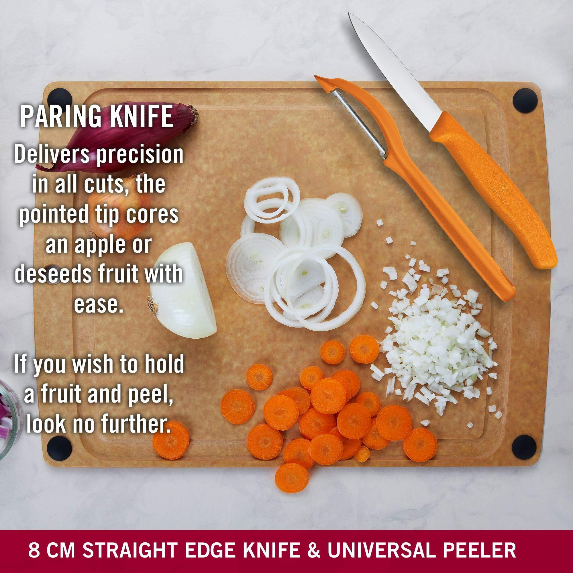Victorinox Stainless Steel Kitchen Knife Set of 3, Swiss Classic - 11 cm Serrated/Wavy Edge, 8 cm Straight Edge and a Universal Peeler for Professional and Household Kitchen, Orange, Swiss Made
