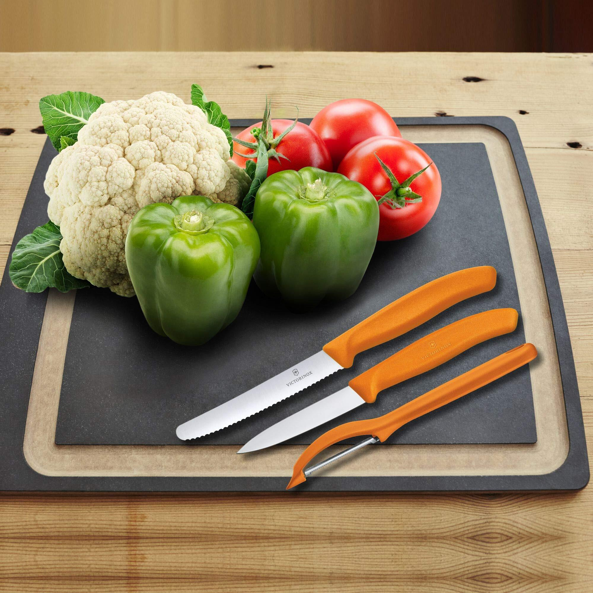 Victorinox Stainless Steel Kitchen Knife Set of 3, Swiss Classic - 11 cm Serrated/Wavy Edge, 8 cm Straight Edge and a Universal Peeler for Professional and Household Kitchen, Orange, Swiss Made
