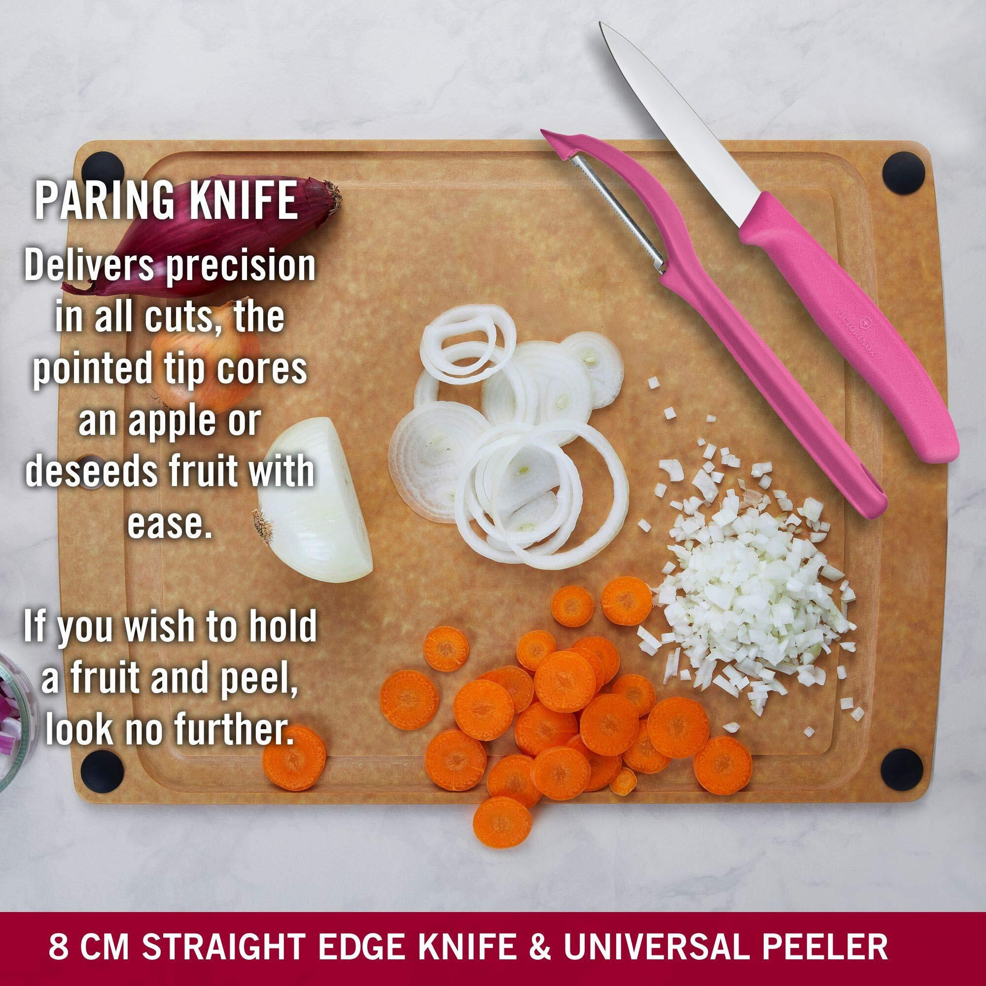 Victorinox Stainless Steel Kitchen Knife Set of 3, Swiss Classic - 11 cm Serrated/Wavy Edge, 8 cm Straight Edge and a Universal Peeler for Professional and Household Kitchen, Pink, Swiss Made