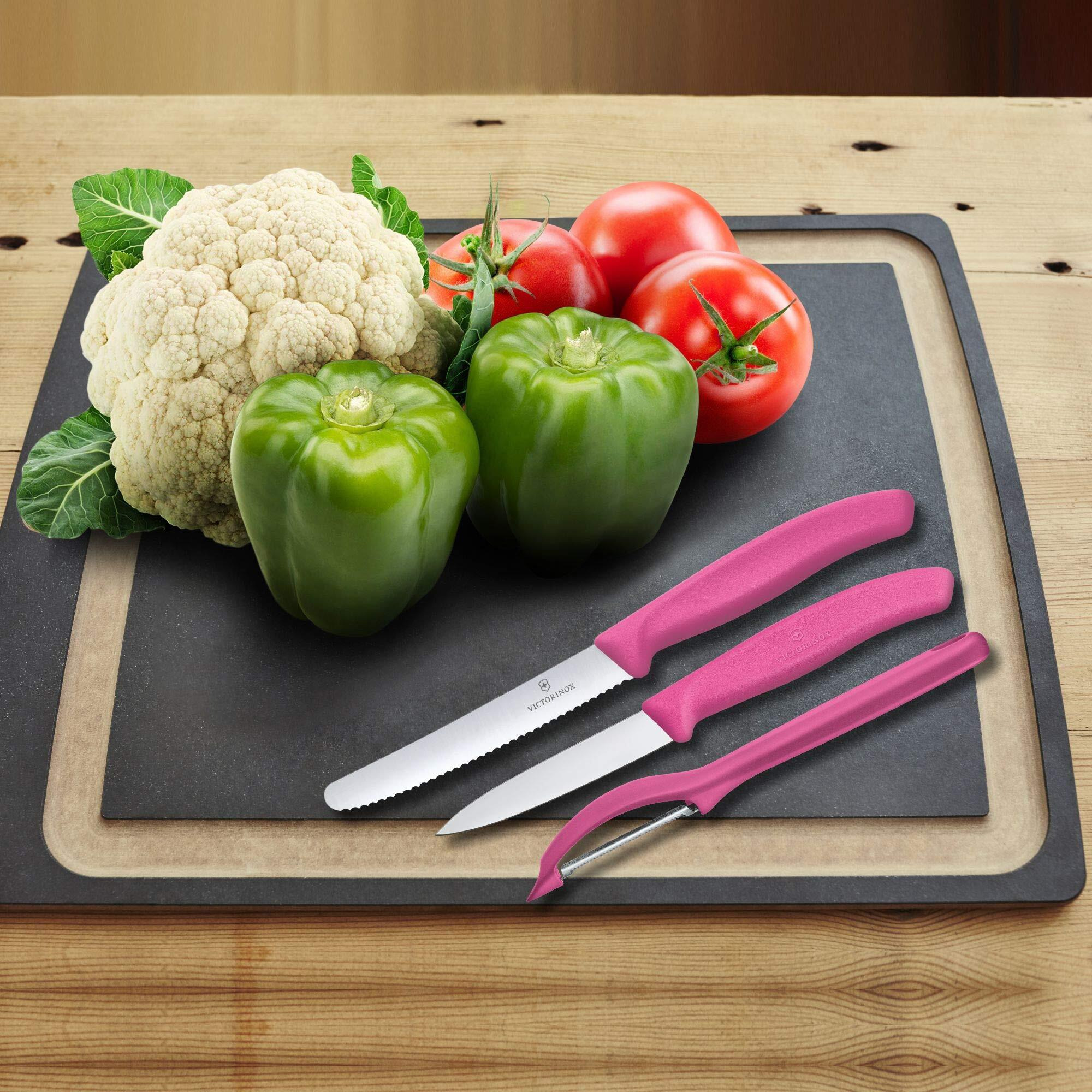 Victorinox Stainless Steel Kitchen Knife Set of 3, Swiss Classic - 11 cm Serrated/Wavy Edge, 8 cm Straight Edge and a Universal Peeler for Professional and Household Kitchen, Pink, Swiss Made