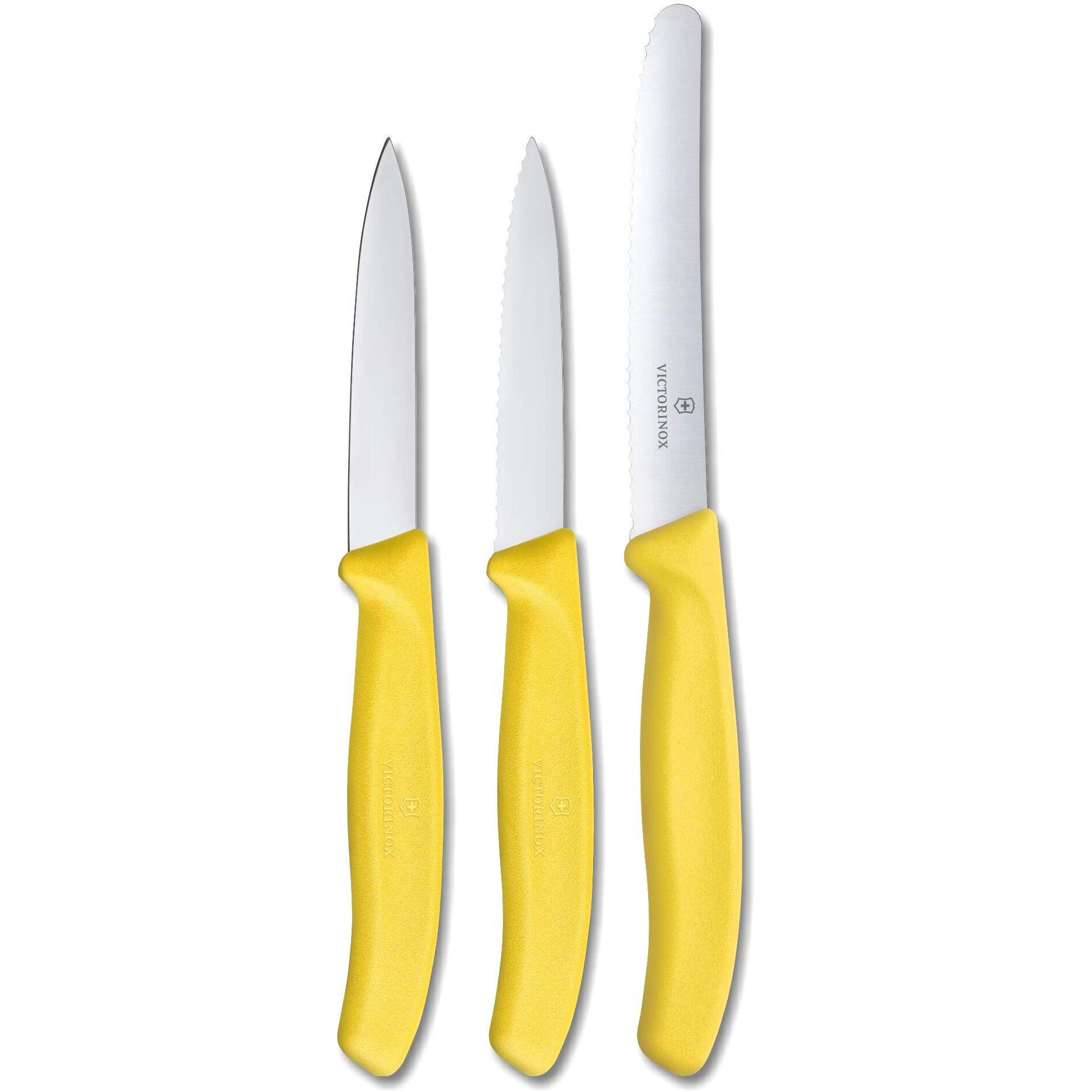 Victorinox Stainless Steel Kitchen Knife Set of 3, Swiss Classic - 11 cm Serrated Edge, 8 cm Straight Edge and 8 cm Serrated Edge Knives for Professional and Household Kitchen, Yellow, Swiss Made