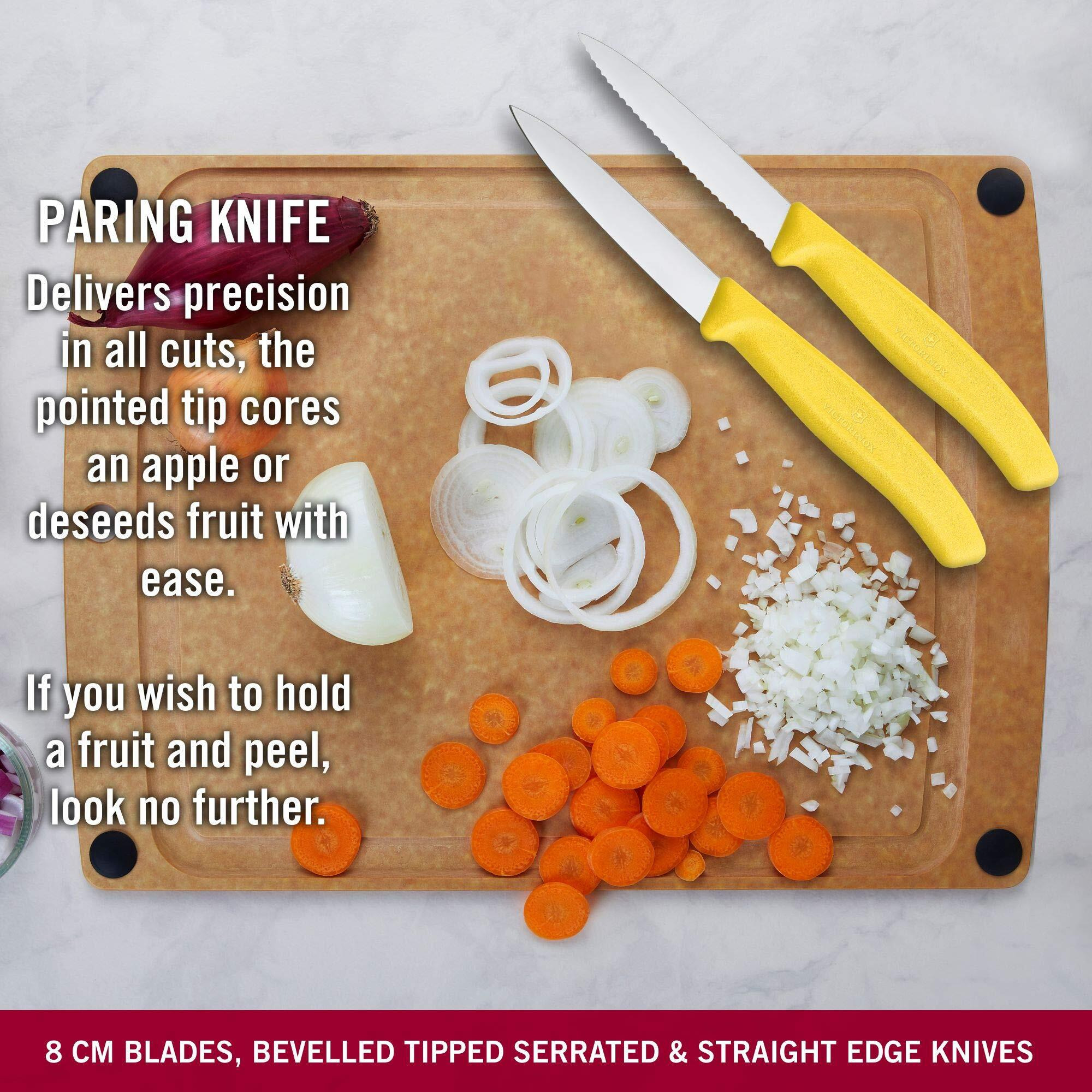 Victorinox Stainless Steel Kitchen Knife Set of 3, Swiss Classic - 11 cm Serrated Edge, 8 cm Straight Edge and 8 cm Serrated Edge Knives for Professional and Household Kitchen, Yellow, Swiss Made