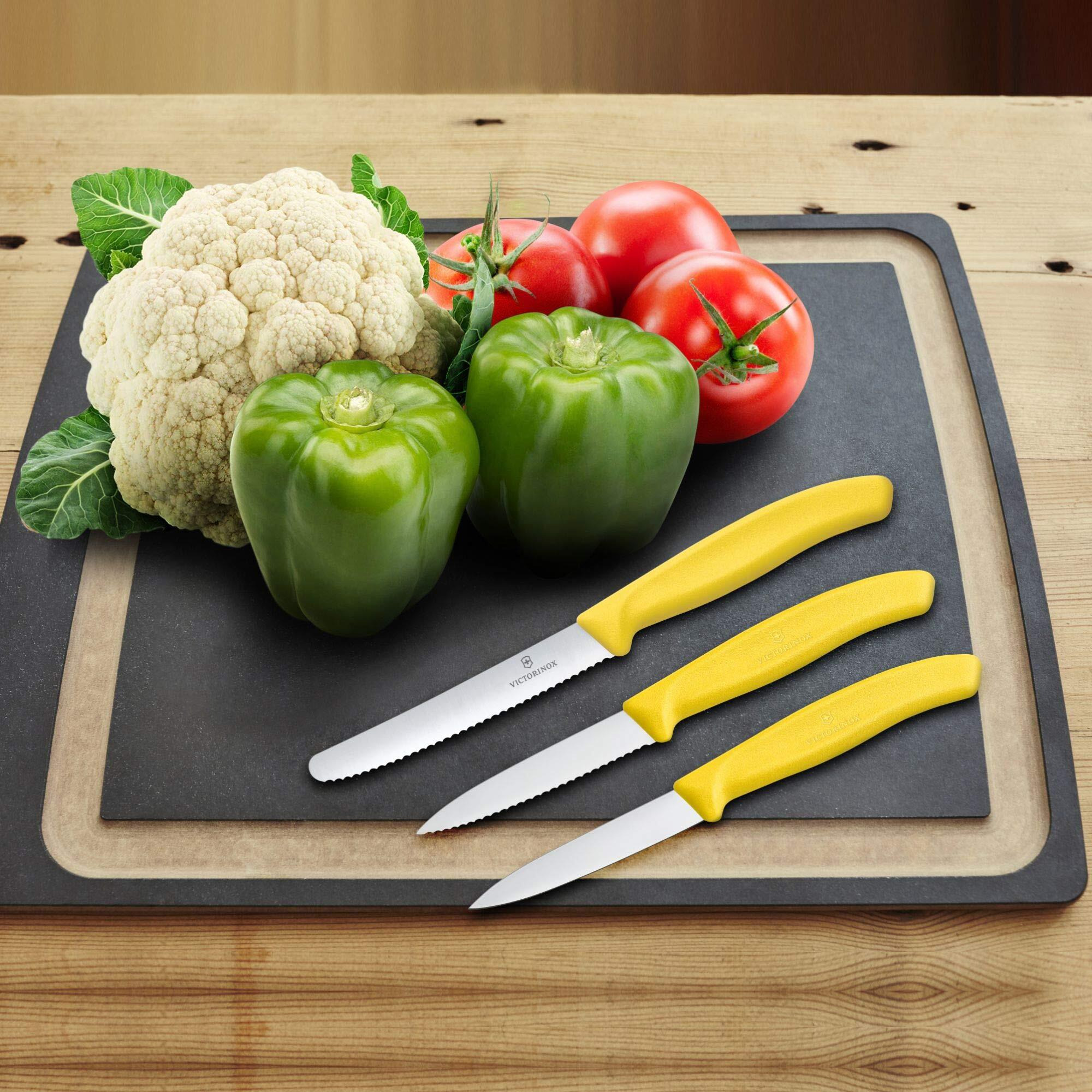 Victorinox Stainless Steel Kitchen Knife Set of 3, Swiss Classic - 11 cm Serrated Edge, 8 cm Straight Edge and 8 cm Serrated Edge Knives for Professional and Household Kitchen, Yellow, Swiss Made