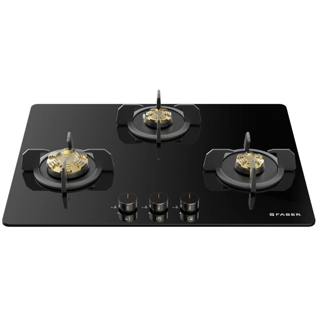Faber 3 Burner 70cm Hob |Auto-Ignition| HOB PRIME HT703 CRS BR CI AI |Metal Knobs| Cast Iron Pan Support |Hob/Cooktop Hybrid| Black Glass Finish |5 Yr Warranty on Glass,Valve & 2 Yr on Burner by Faber