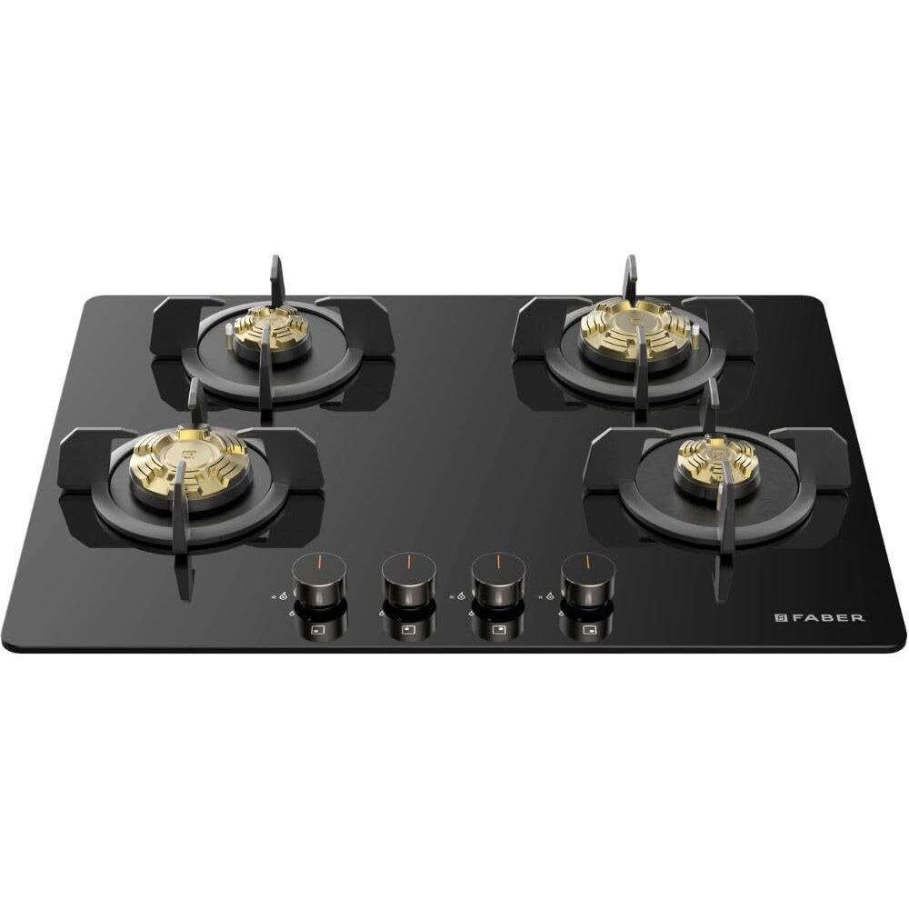 Faber 4 Burner 70cm Hob |Auto-Ignition| HOB PRIME HT704 CRS BR CI AI |Metal Knobs| Cast Iron Pan Support |Hob/Cooktop Hybrid| Black Glass Finish |5 Yrs Warranty on Glass & Valve | 2 Yrs on Burner