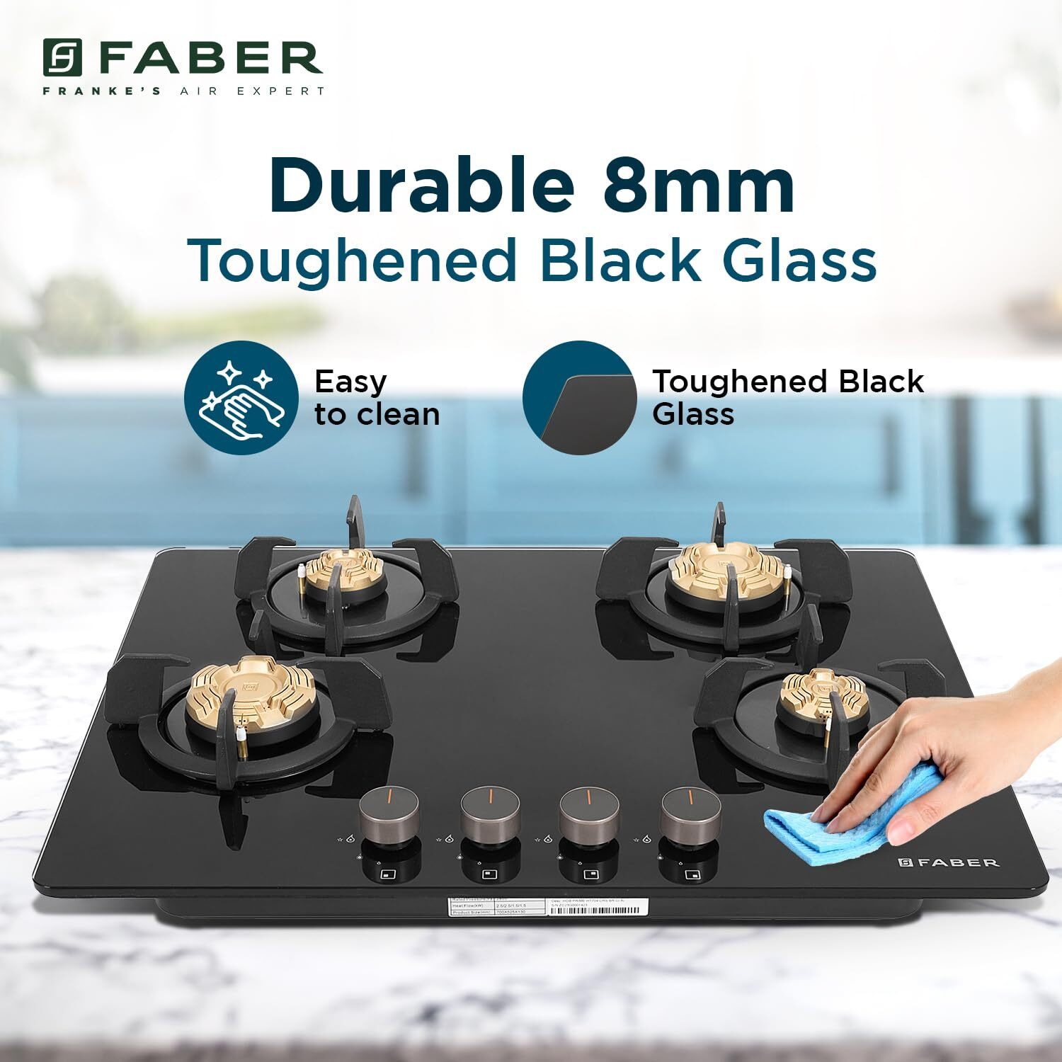Faber 4 Burner 70cm Hob |Auto-Ignition| HOB PRIME HT704 CRS BR CI AI |Metal Knobs| Cast Iron Pan Support |Hob/Cooktop Hybrid| Black Glass Finish |5 Yrs Warranty on Glass & Valve | 2 Yrs on Burner