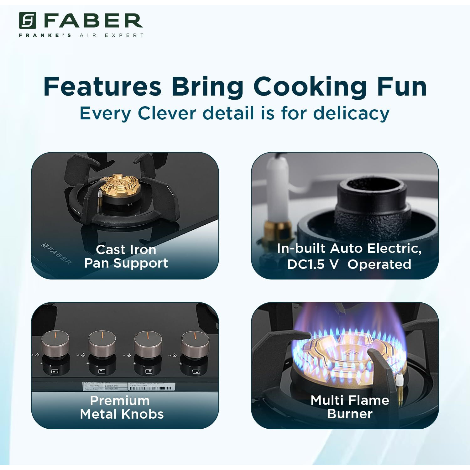 Faber 4 Burner 70cm Hob |Auto-Ignition| HOB PRIME HT704 CRS BR CI AI |Metal Knobs| Cast Iron Pan Support |Hob/Cooktop Hybrid| Black Glass Finish |5 Yrs Warranty on Glass & Valve | 2 Yrs on Burner