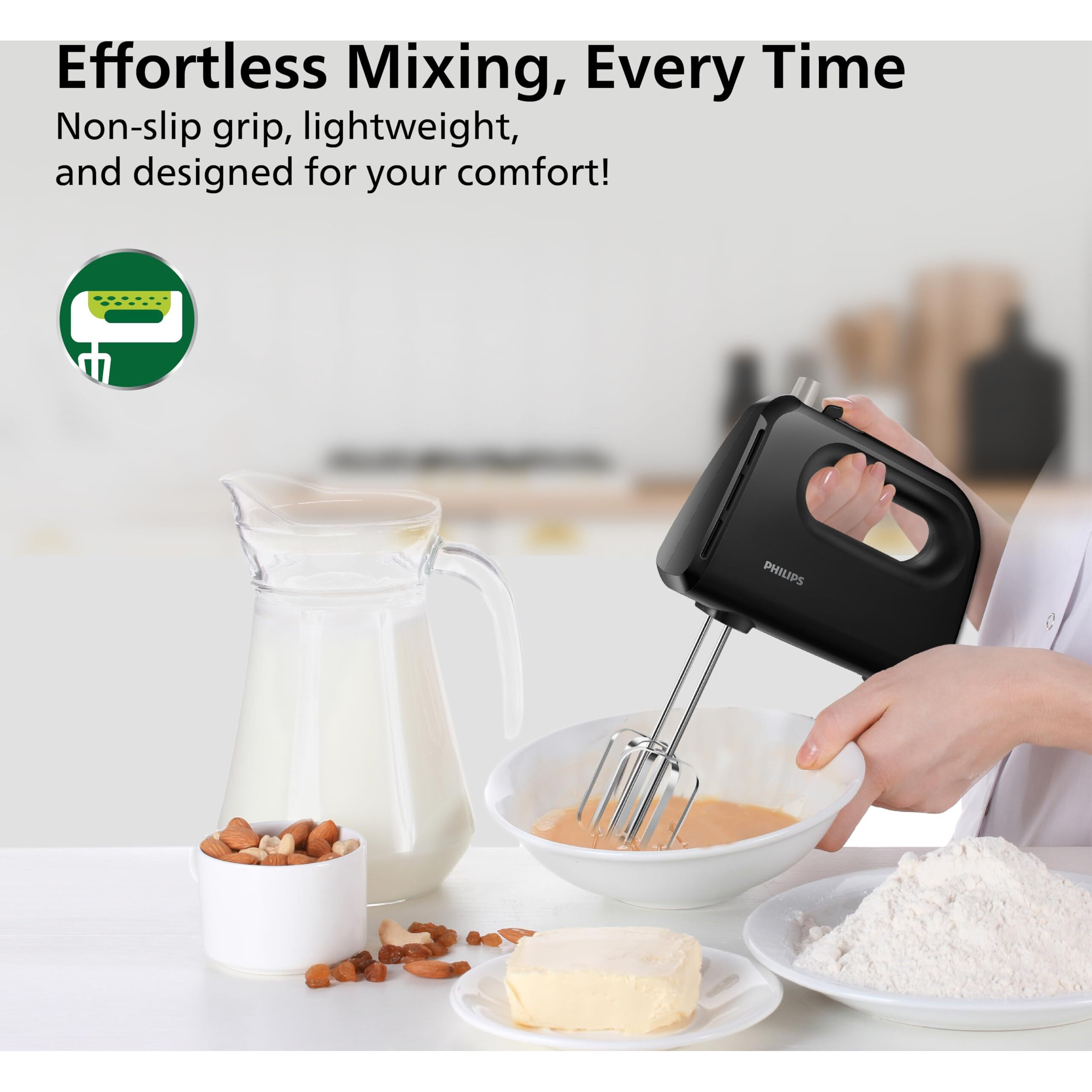 Philips HR3705/10 300 Watt Lightweight Hand Mixer, Blender with 5 speed control settings, stainless steel accessories and 2 years warranty(black color)