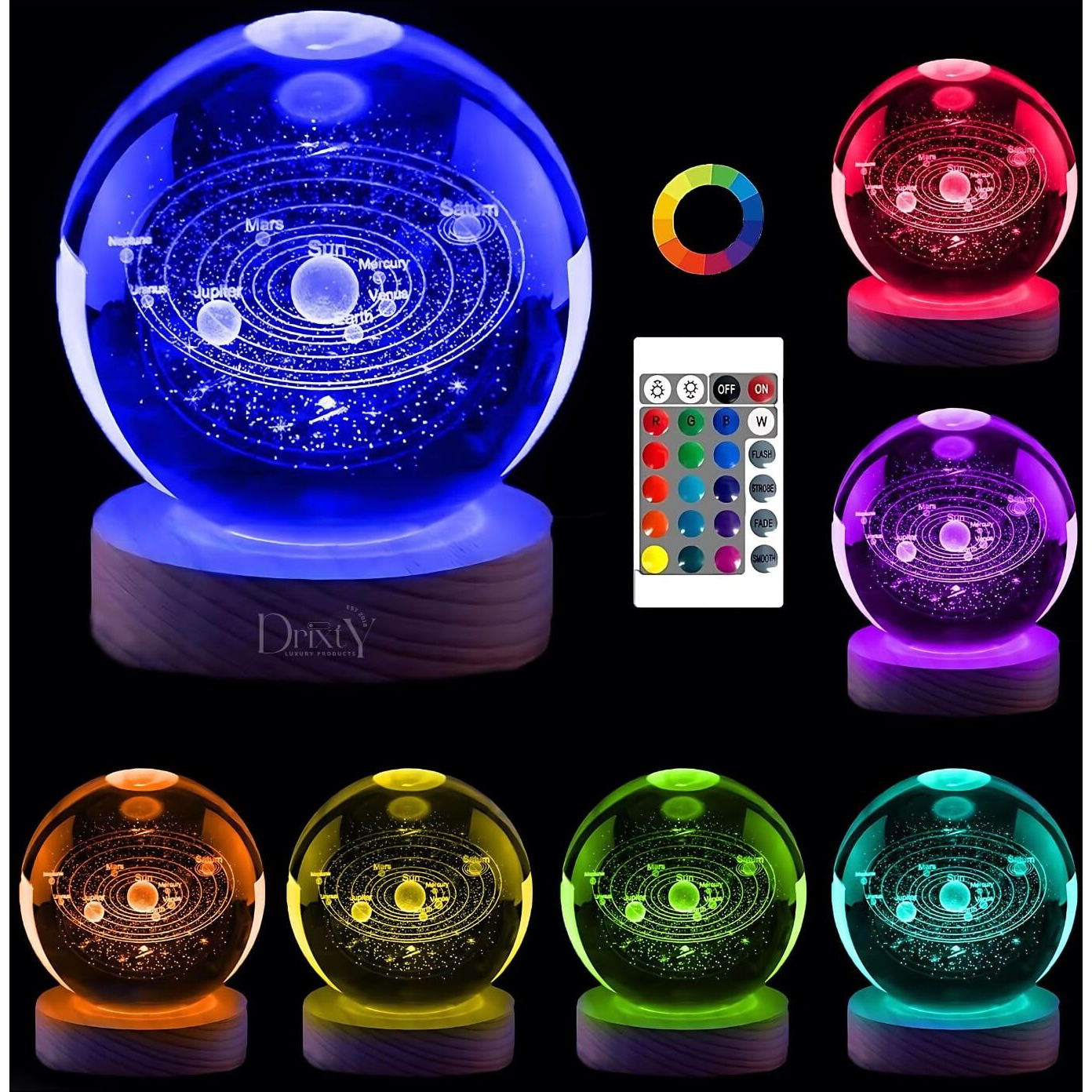 DRIXTY 3D 16 Color Galaxy Crystal Ball Night Light Creative Engraved Aesthetic Ball Dim Night Lamp, USB Powered Bed Table Lamp LED Wooden Base for Home Decoration, Birthday, Gifts, Teens with Remote
