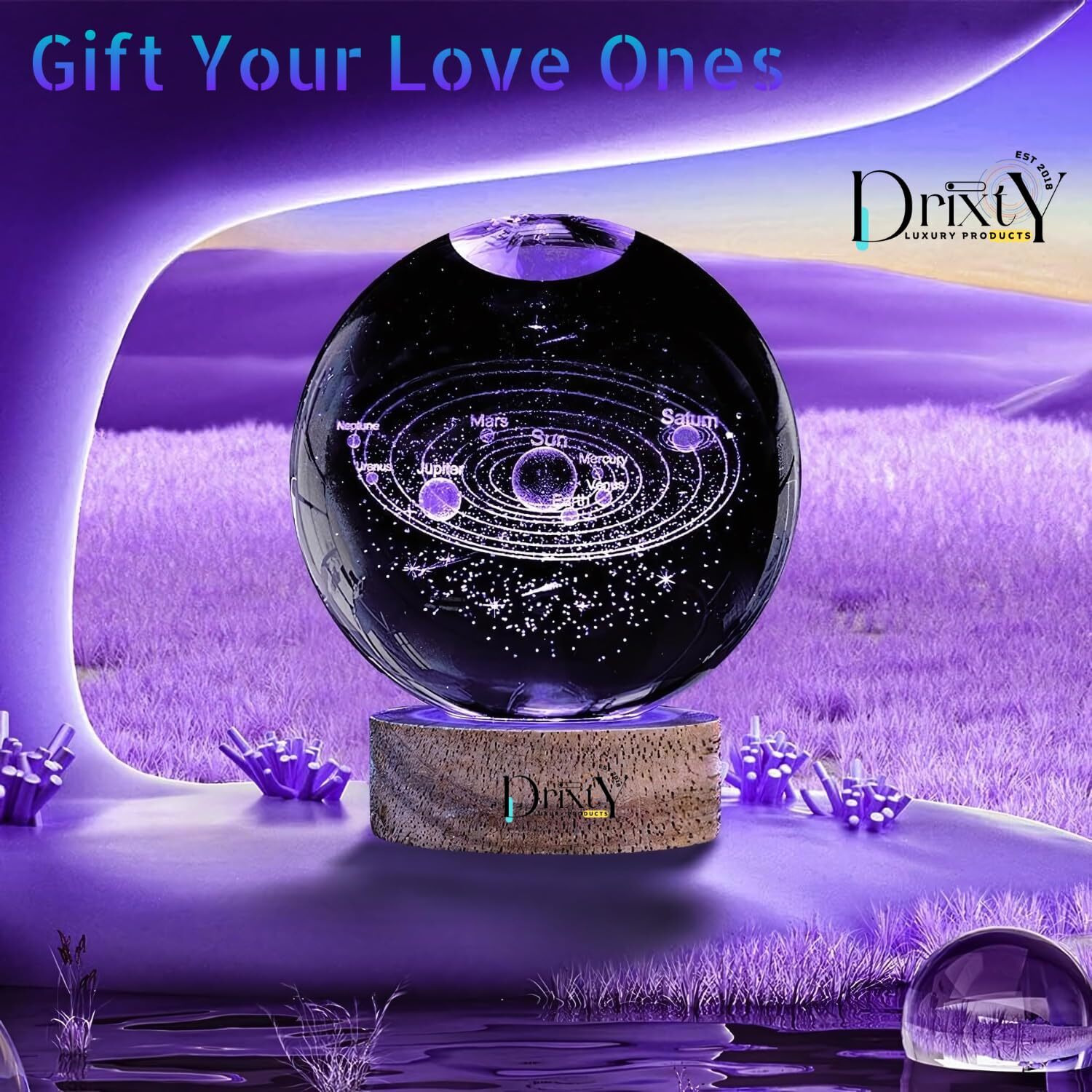 DRIXTY 3D 16 Color Galaxy Crystal Ball Night Light Creative Engraved Aesthetic Ball Dim Night Lamp, USB Powered Bed Table Lamp LED Wooden Base for Home Decoration, Birthday, Gifts, Teens with Remote