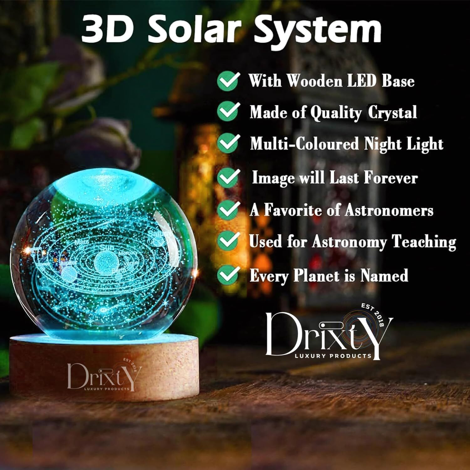 DRIXTY 3D 16 Color Galaxy Crystal Ball Night Light Creative Engraved Aesthetic Ball Dim Night Lamp, USB Powered Bed Table Lamp LED Wooden Base for Home Decoration, Birthday, Gifts, Teens with Remote