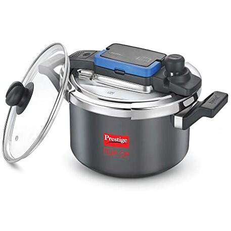 Prestige Svachh Flip-on Hard Anodised Spillage Control Outer Lid Pressure Cooker with Glass Lid, 5 Litre (Black)