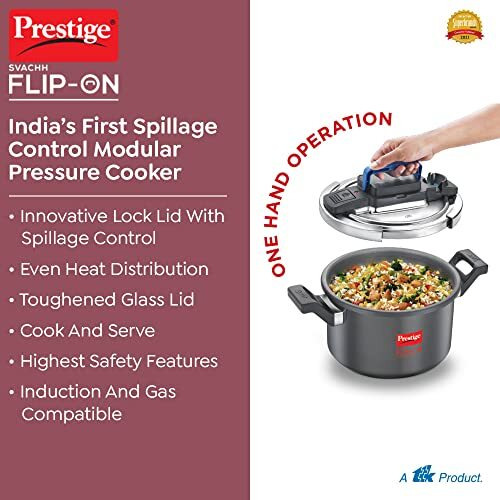 Prestige Svachh Flip-on Hard Anodised Spillage Control Outer Lid Pressure Cooker with Glass Lid, 5 Litre (Black)