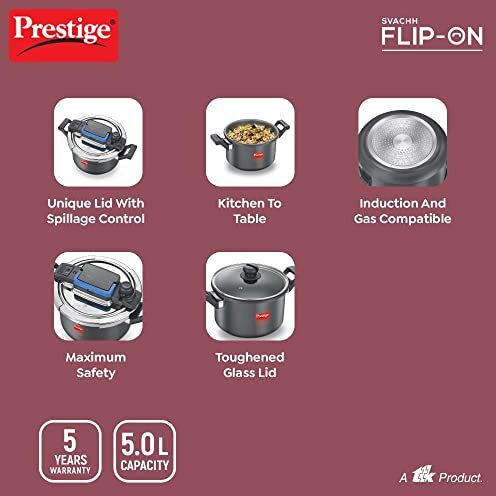 Prestige Svachh Flip-on Hard Anodised Spillage Control Outer Lid Pressure Cooker with Glass Lid, 5 Litre (Black)