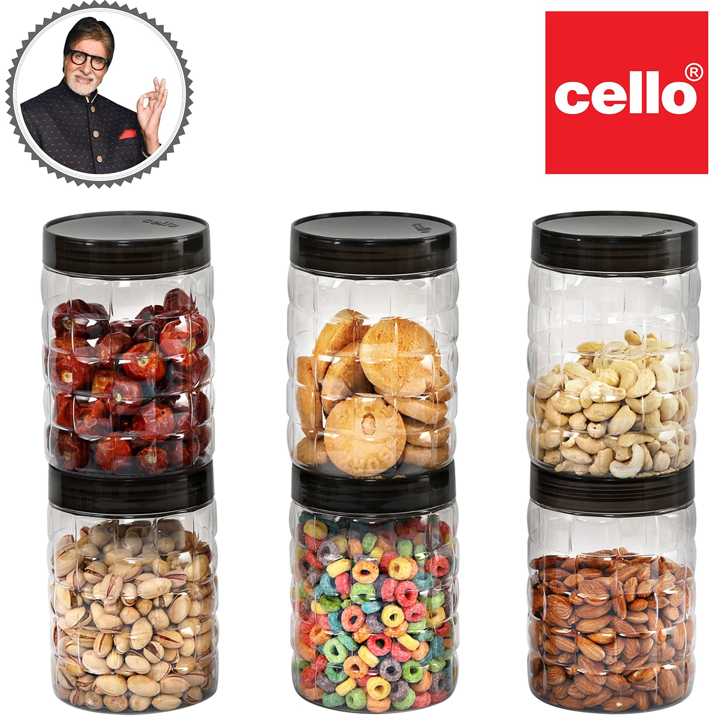 CELLO Checkers Pet Plastic Airtight Container Set (6-Piece, 2000 ml, Transparent)