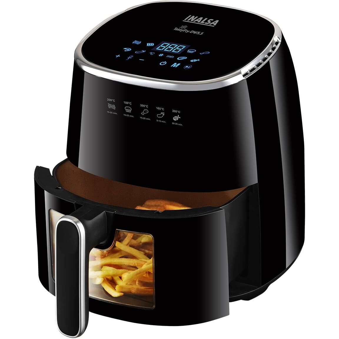 INALSA Air Fryer for Home|5.5 liter Capacity|Visible Window & Internal Light|1600 W with Smart AirCrisp Technology|6-In-1 Appliance With 8 Preset Menu & Digital Display (Tasty fry DW5.5)Black