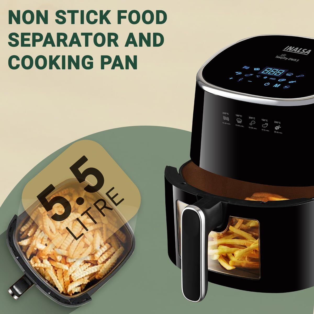 INALSA Air Fryer for Home|5.5 liter Capacity|Visible Window & Internal Light|1600 W with Smart AirCrisp Technology|6-In-1 Appliance With 8 Preset Menu & Digital Display (Tasty fry DW5.5)Black