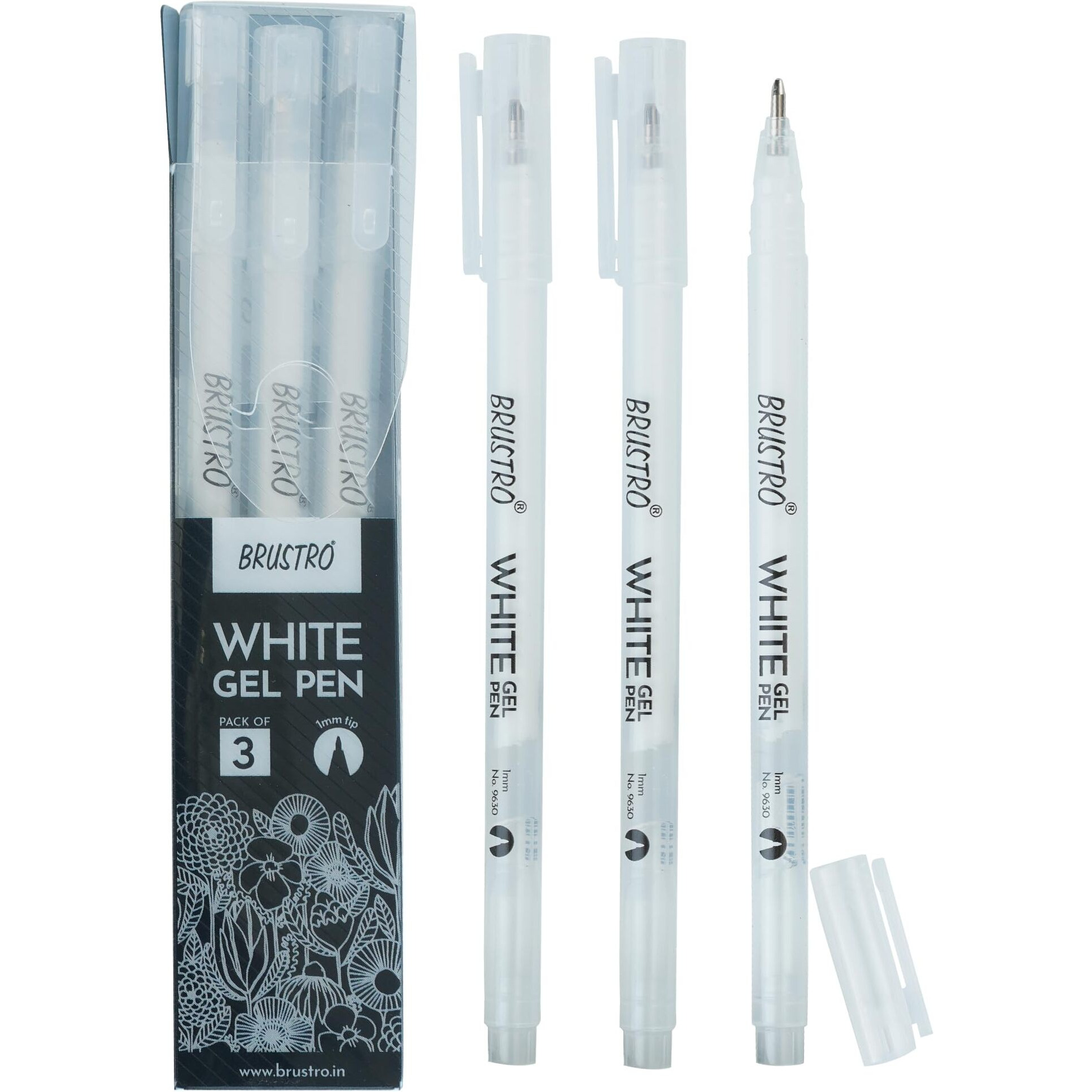 BRUSTRO White Gel Pen | Ideal for Kids and Adults, Drawing, Mandala Arts, Students, Office Use, Writing, Pen Set | Tip size - 1 mm | Pack of 3
