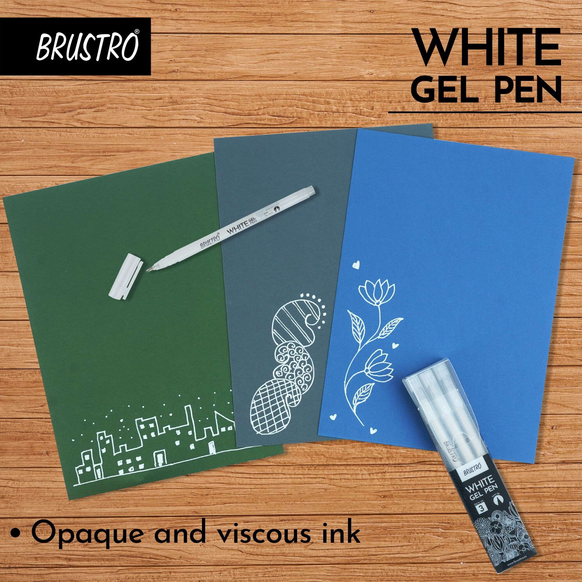 BRUSTRO White Gel Pen | Ideal for Kids and Adults, Drawing, Mandala Arts, Students, Office Use, Writing, Pen Set | Tip size - 1 mm | Pack of 3