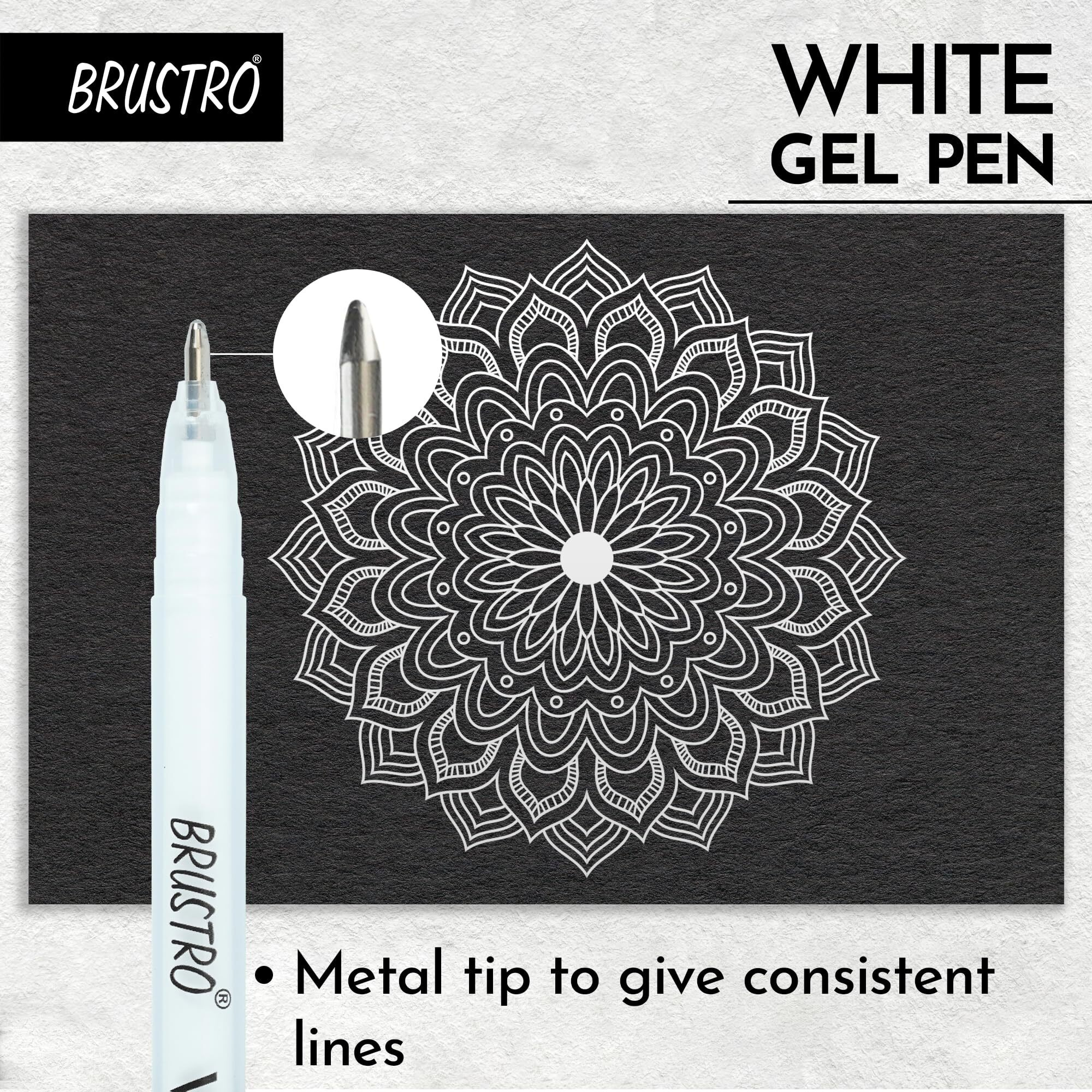 BRUSTRO White Gel Pen | Ideal for Kids and Adults, Drawing, Mandala Arts, Students, Office Use, Writing, Pen Set | Tip size - 1 mm | Pack of 3